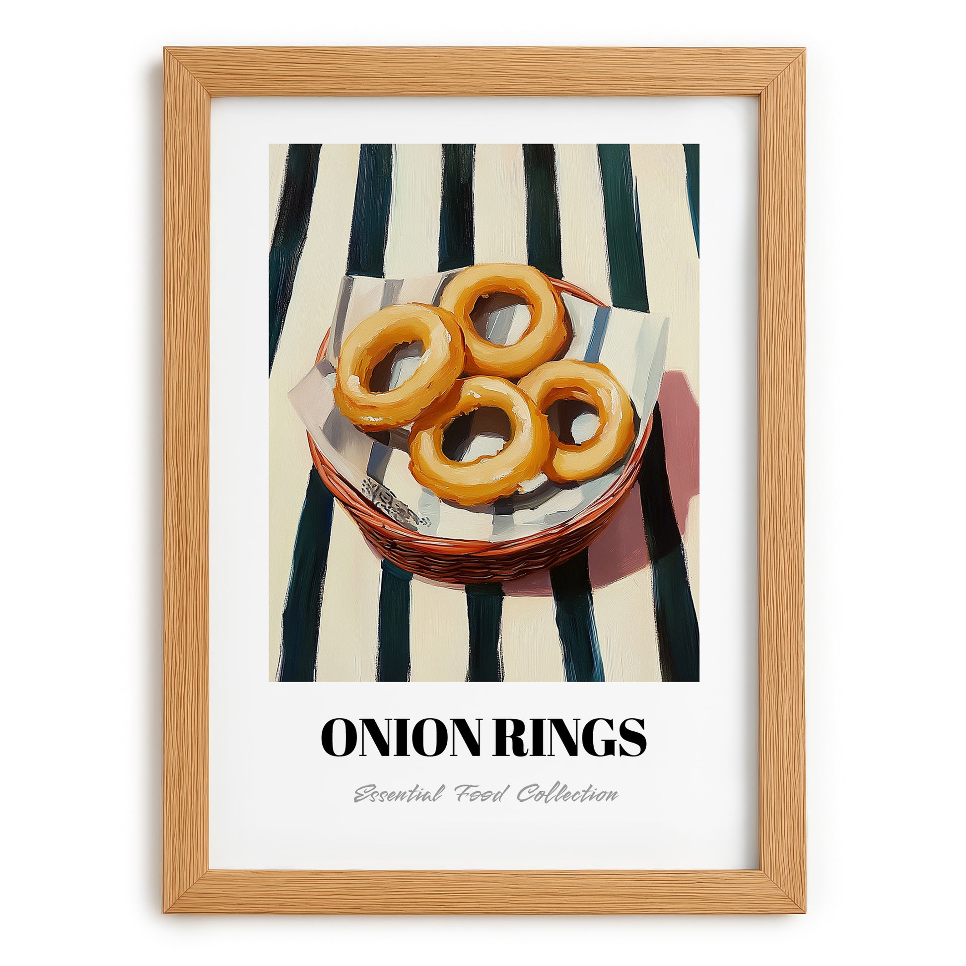 Onion Rings – on Striped Tablecloth, American Food Wall Art, set in oak frame