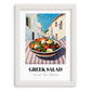 Greek Salad – White village Urban Café Scene, Greek Food Illustration, placed in minimal white frame