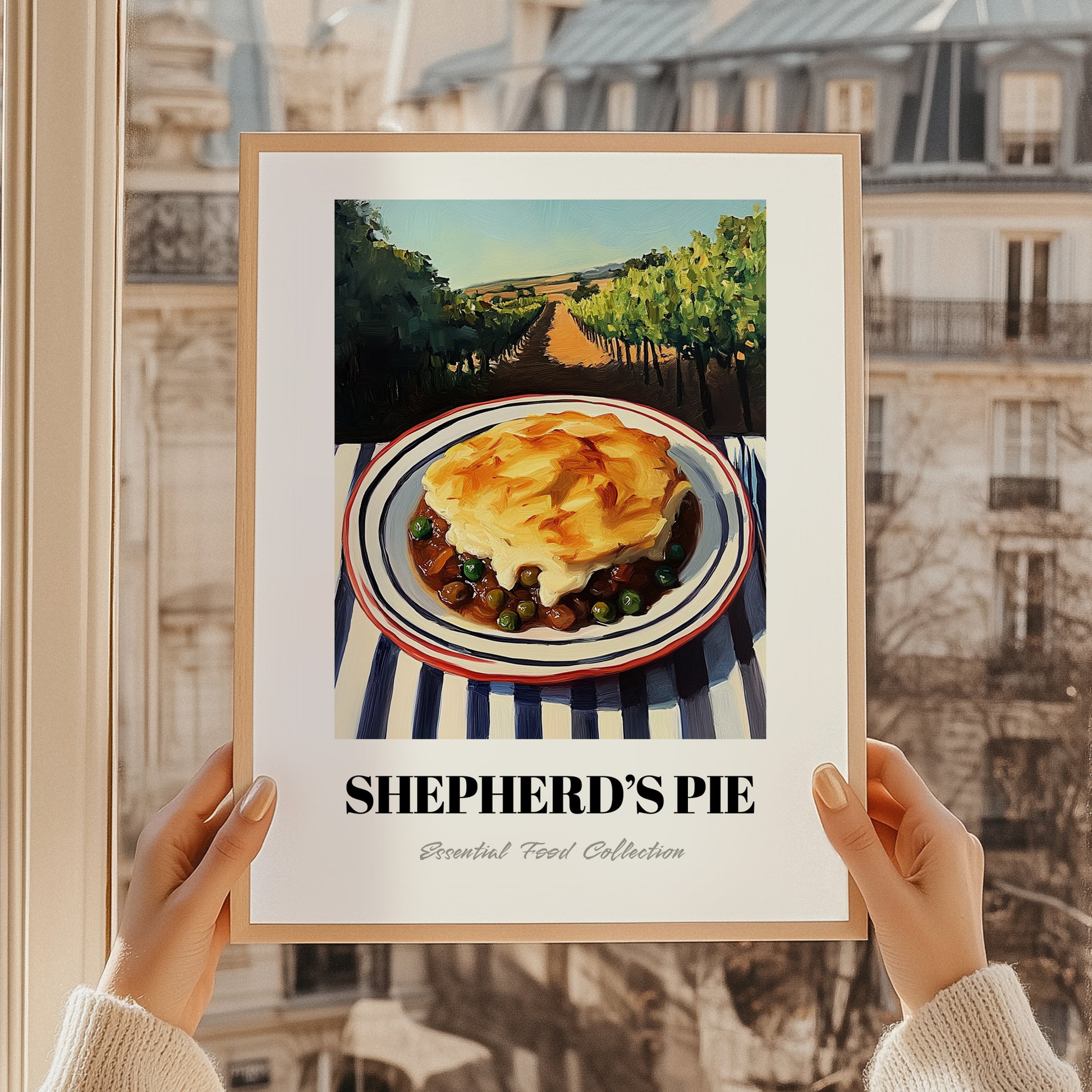 Shepherd’s Pie – Hillside Café View, British Food Painting, styled in a charming Paris street view
