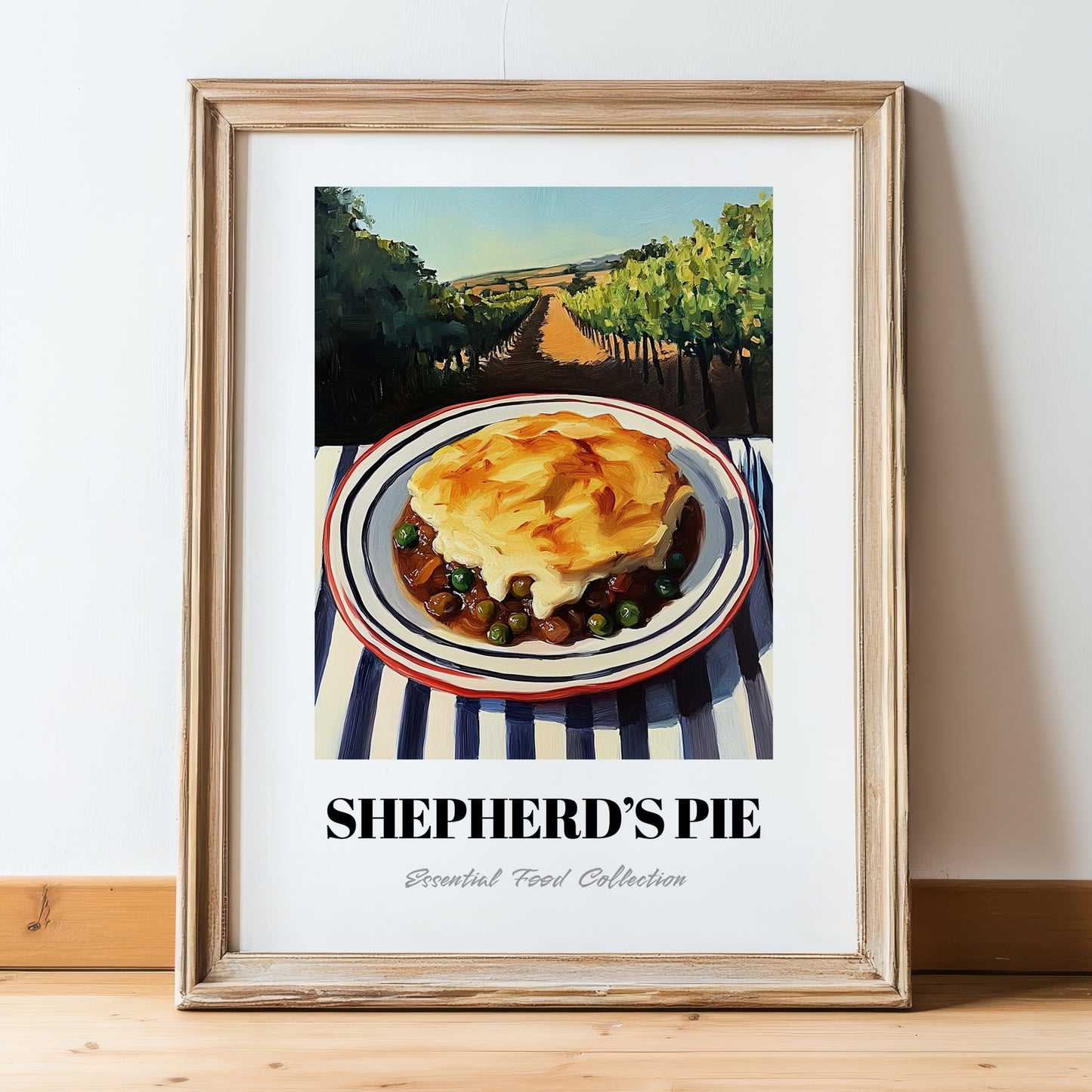 Shepherd’s Pie – Hillside Café View, British Food Painting, in wooden frame leaning on the floor