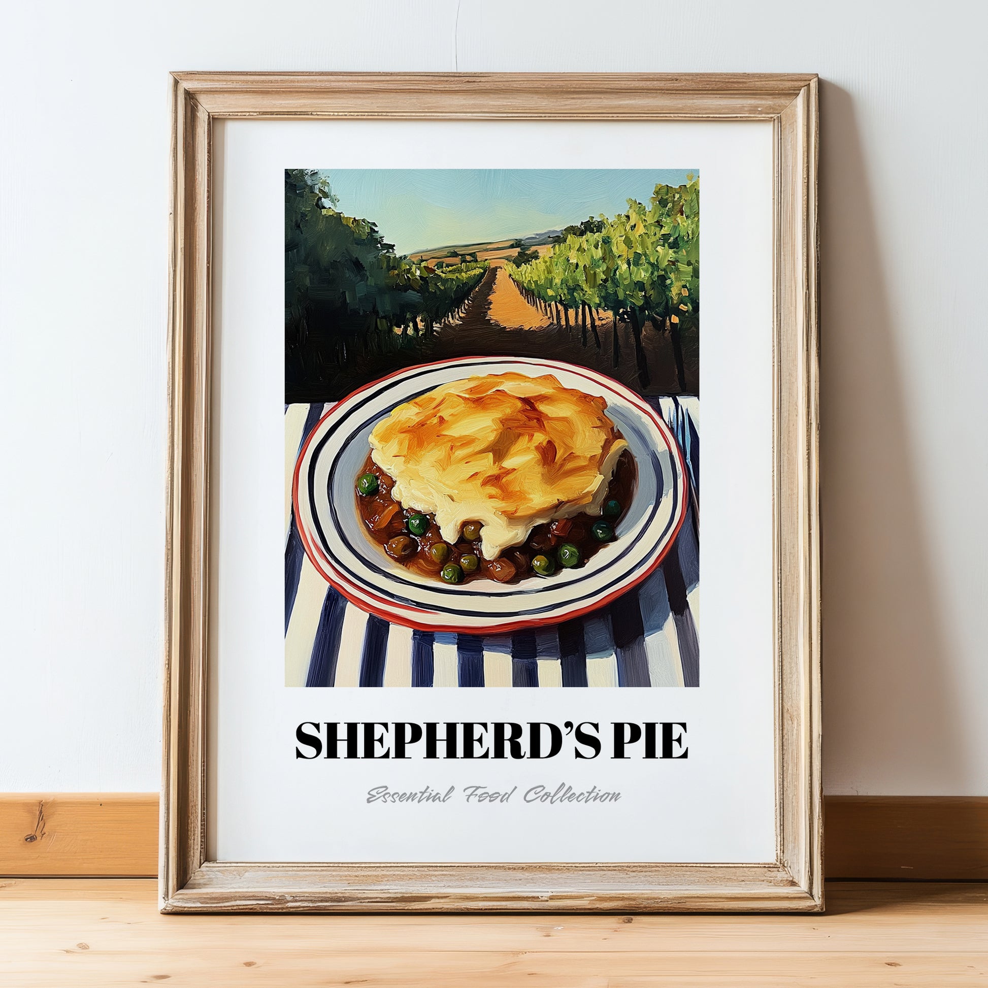 Shepherd’s Pie – Hillside Café View, British Food Painting, in wooden frame leaning on the floor