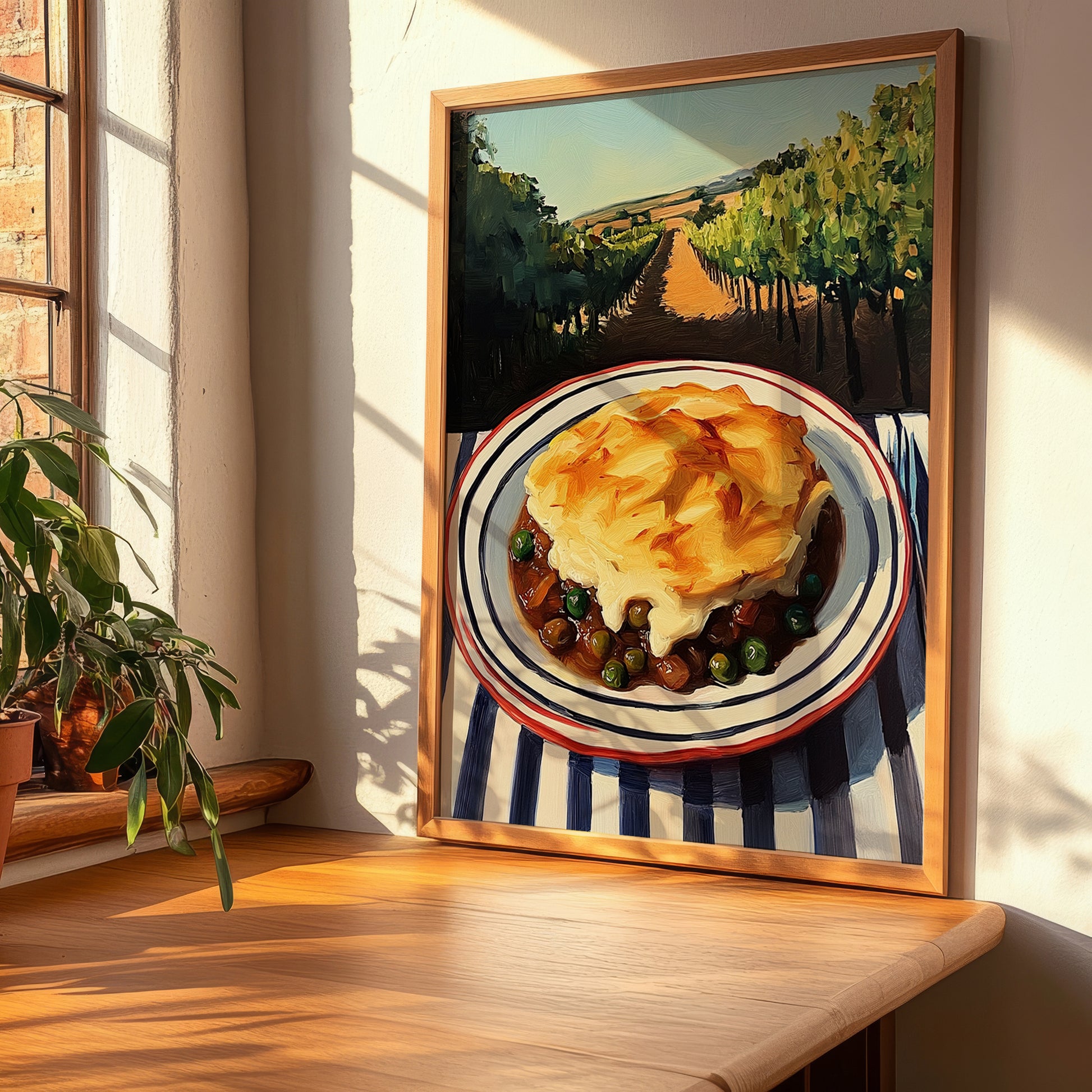 Shepherd’s Pie – Hillside Café View, British Food Painting, clean layout with no caption