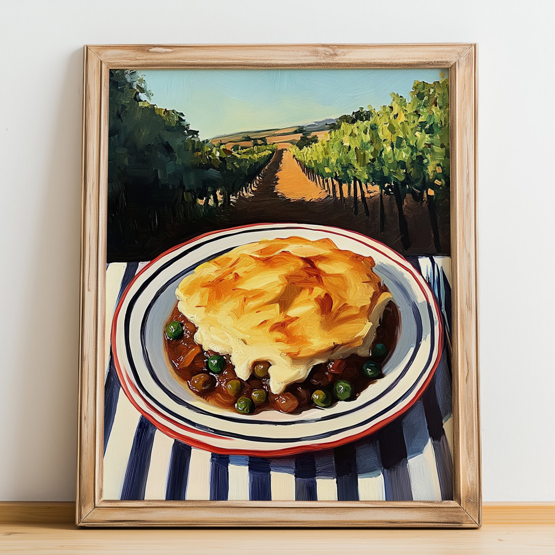 Shepherd’s Pie – Hillside Café View, British Food Painting, no-text version framed in wood