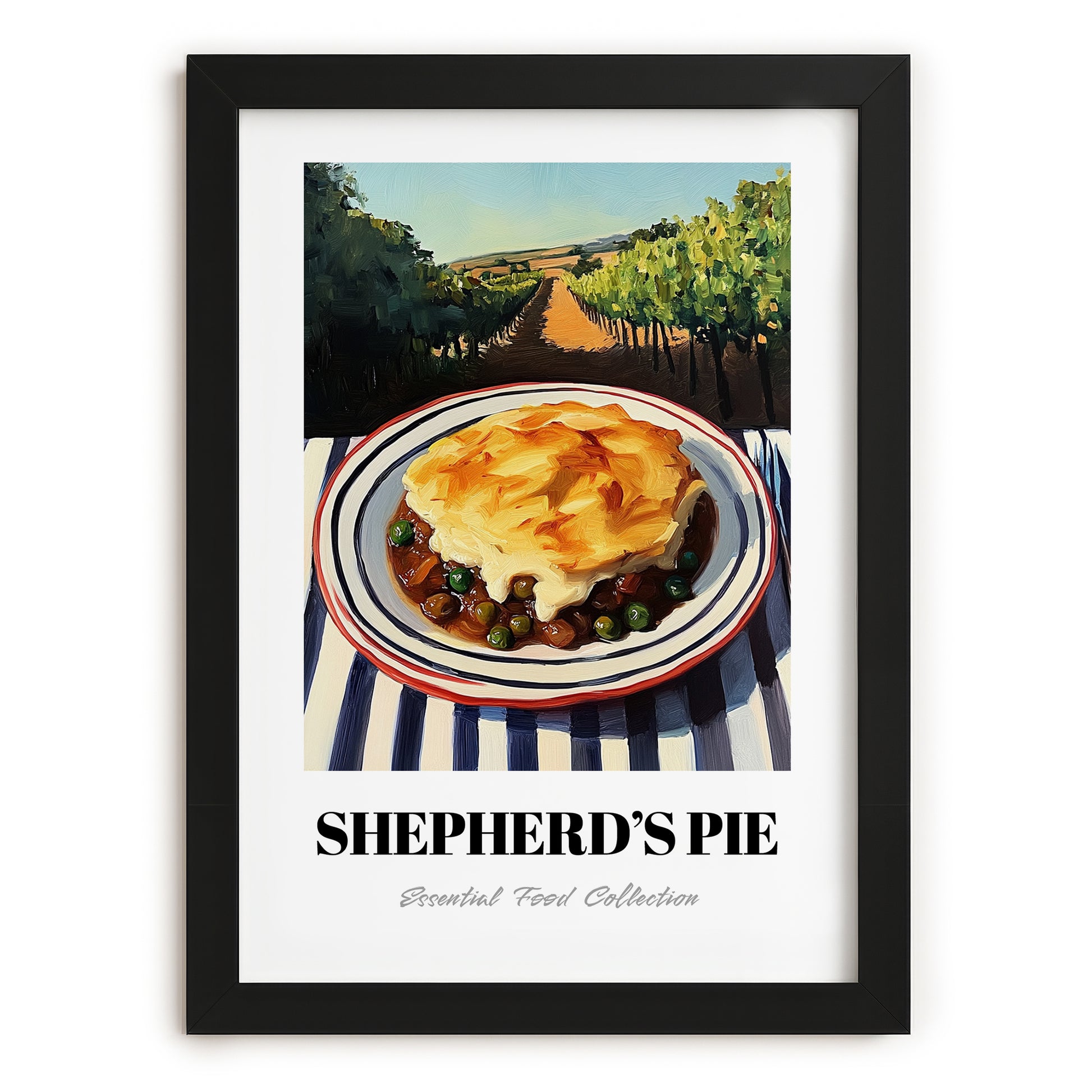 Shepherd’s Pie – Hillside Café View, British Food Painting, in sleek black frame