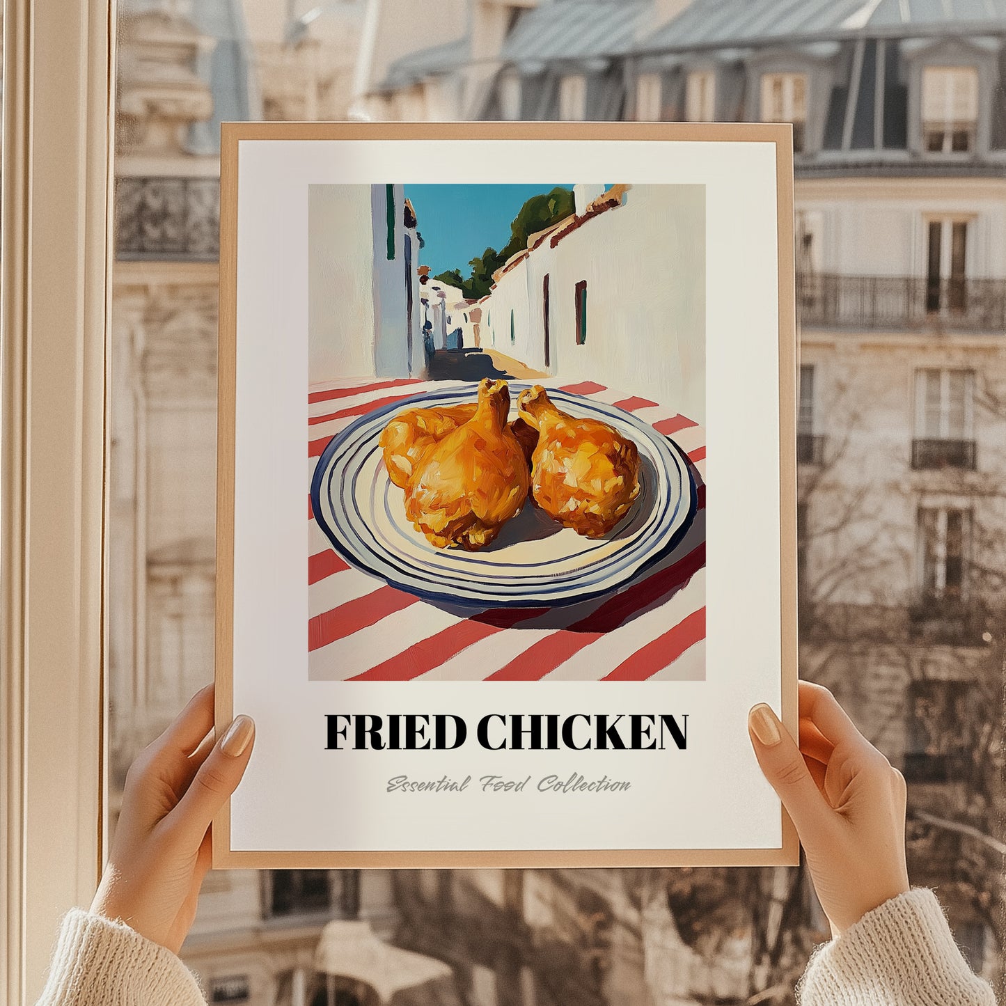 Fried Chicken – White village Urban Café Scene, American Food Poster, styled in a charming Paris street view