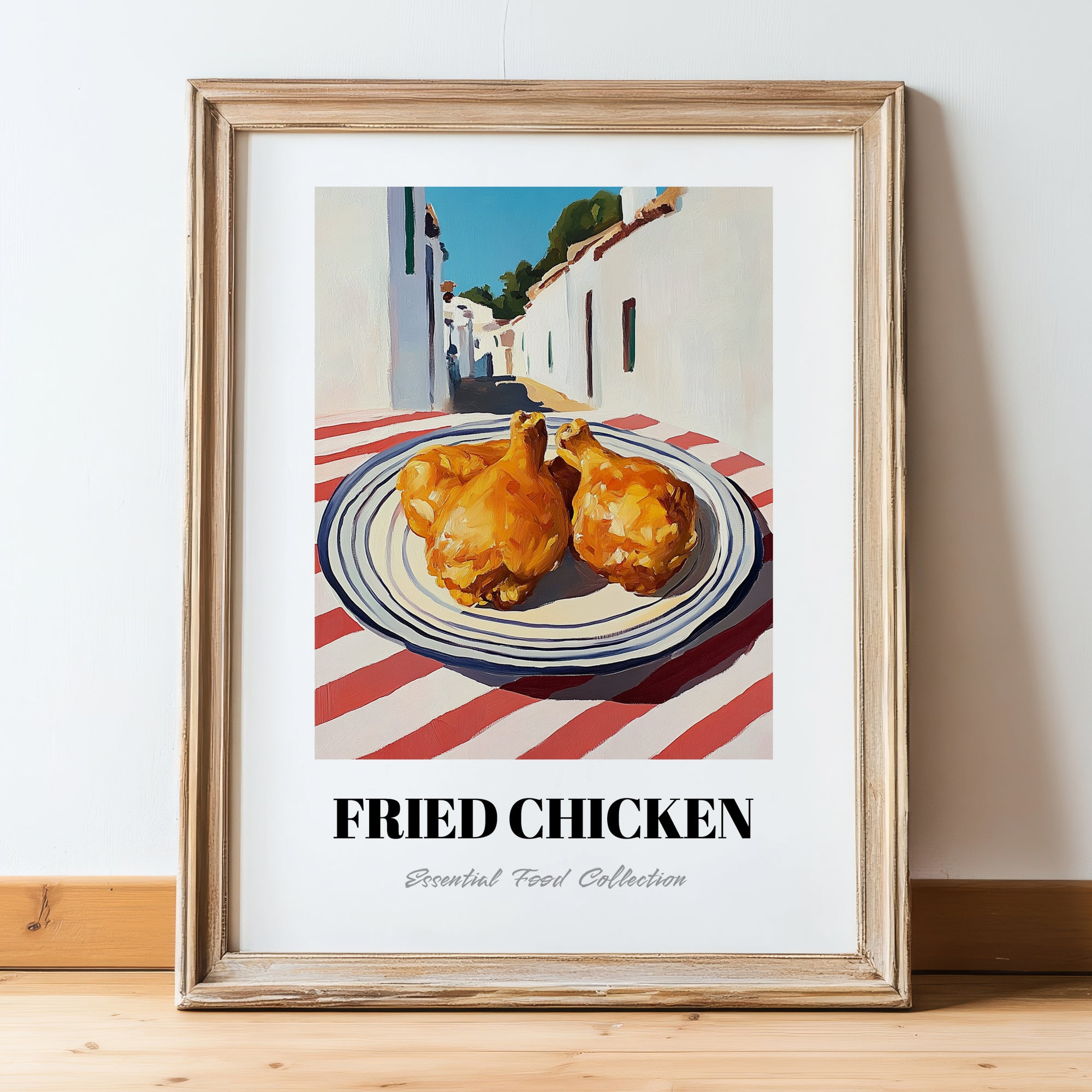 Fried Chicken – White village Urban Café Scene, American Food Poster, in wooden frame leaning on the floor
