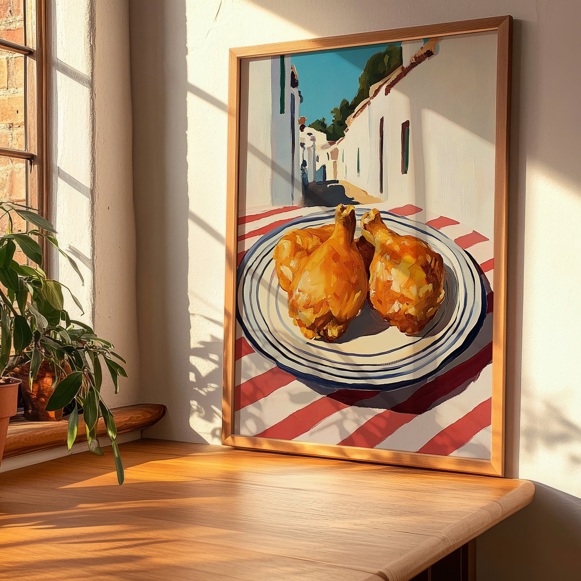 Fried Chicken – White village Urban Café Scene, American Food Poster, clean layout with no caption
