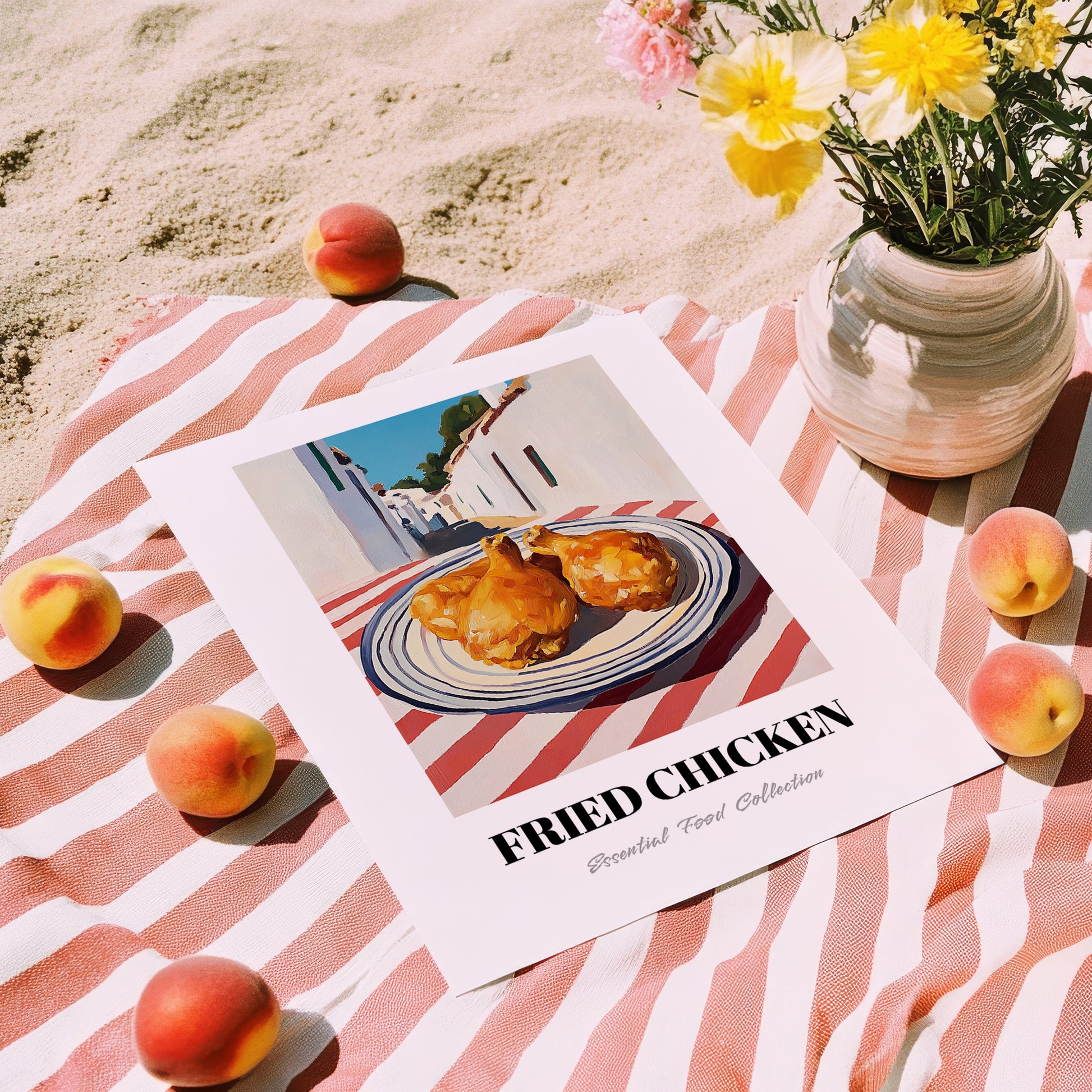 Fried Chicken – White village Urban Café Scene, American Food Poster, unframed on coastal sand