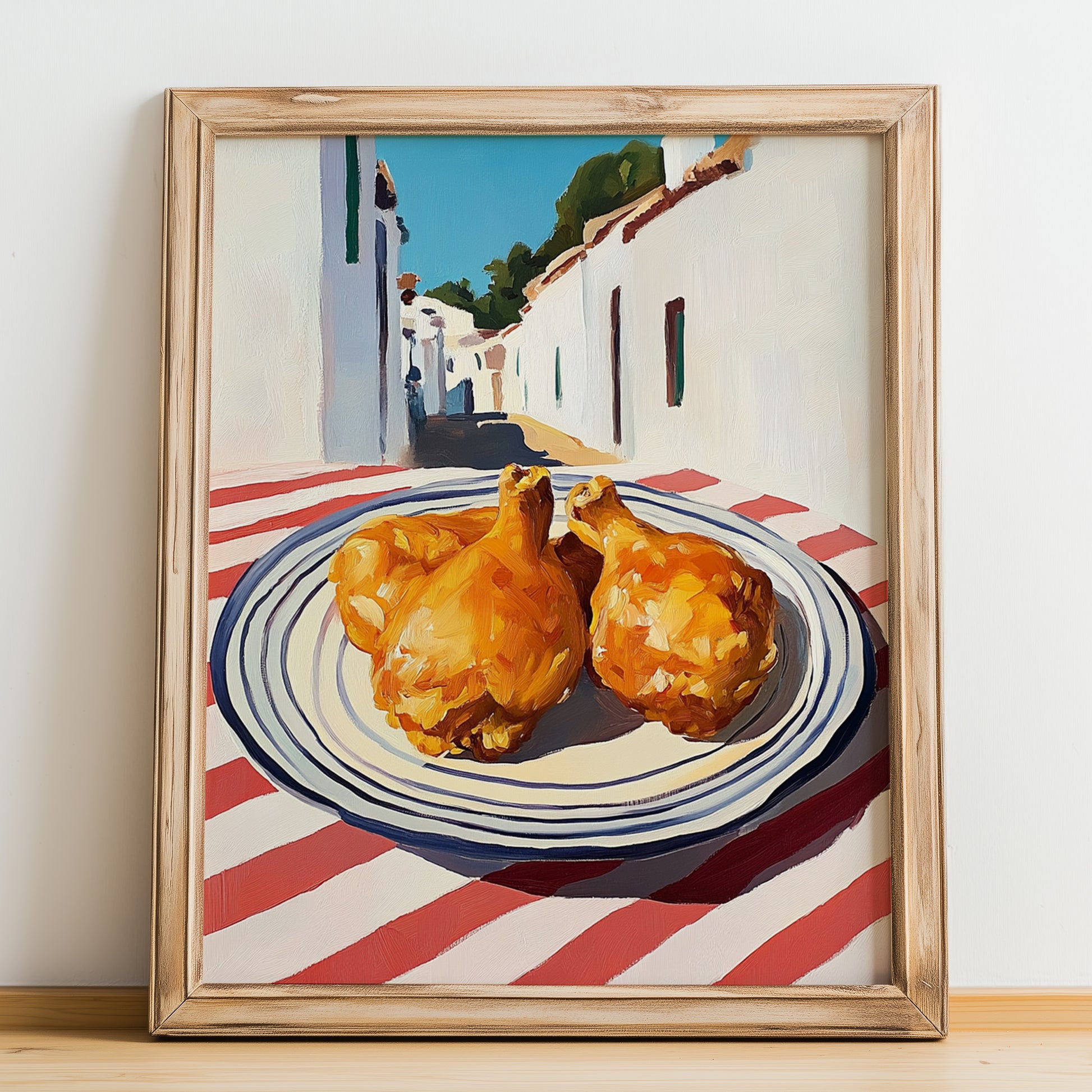 Fried Chicken – White village Urban Café Scene, American Food Poster, no-text version framed in wood