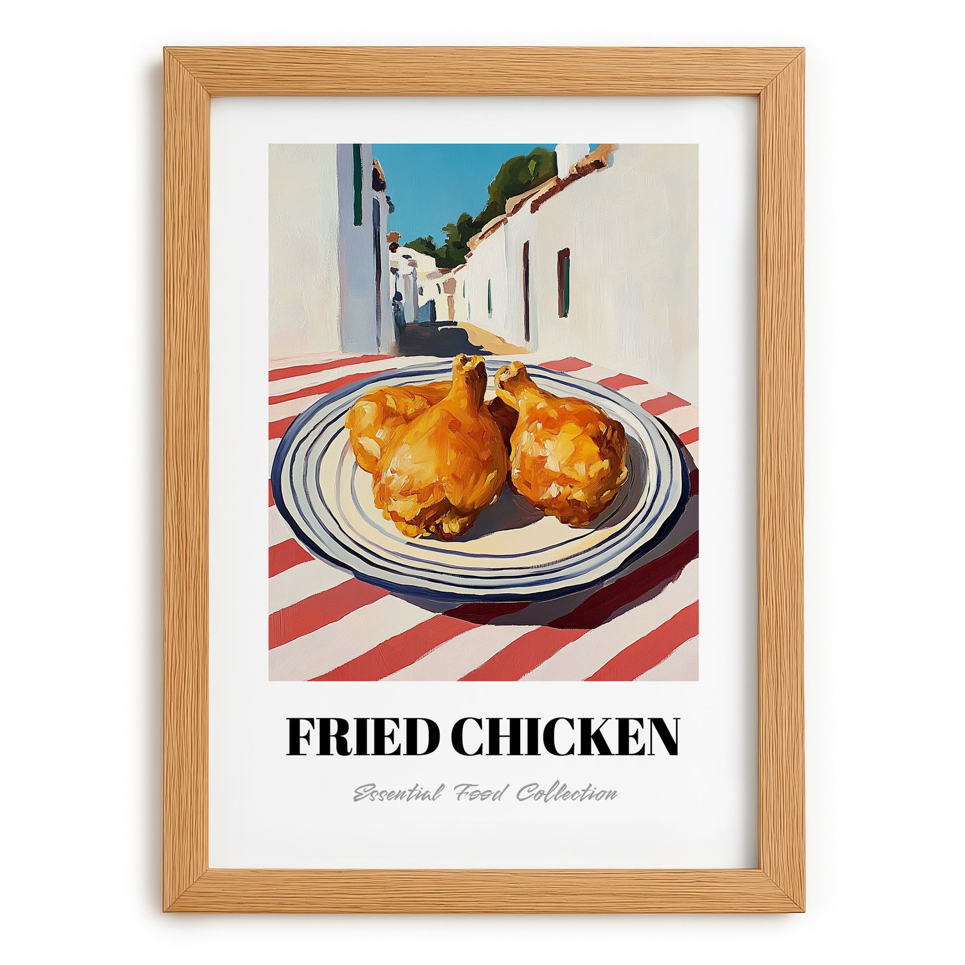 Fried Chicken – White village Urban Café Scene, American Food Poster, set in oak frame