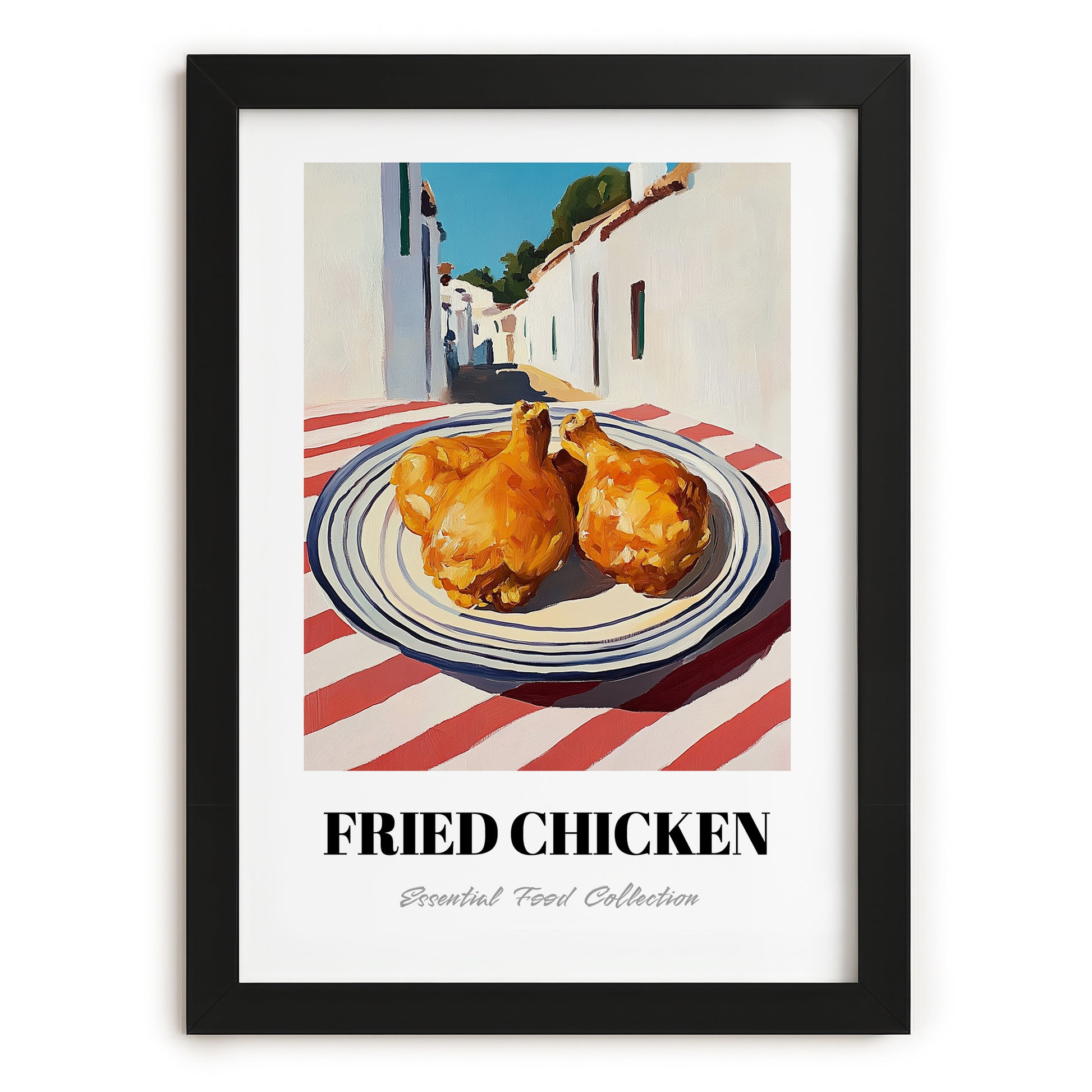 Fried Chicken – White village Urban Café Scene, American Food Poster, in sleek black frame