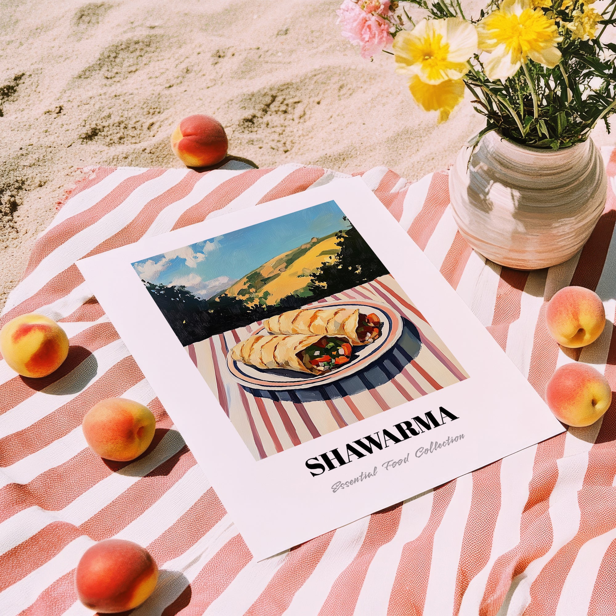 Shawarma – Hilltop Café Scene, Middle Food Wall Art, unframed on coastal sand
