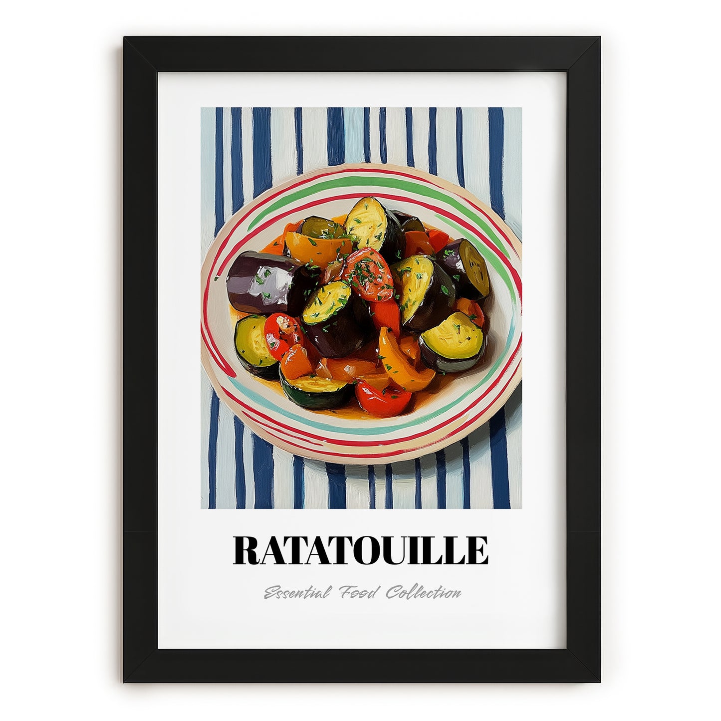 Ratatouille – on Striped Tablecloth, French Food Painting, in sleek black frame