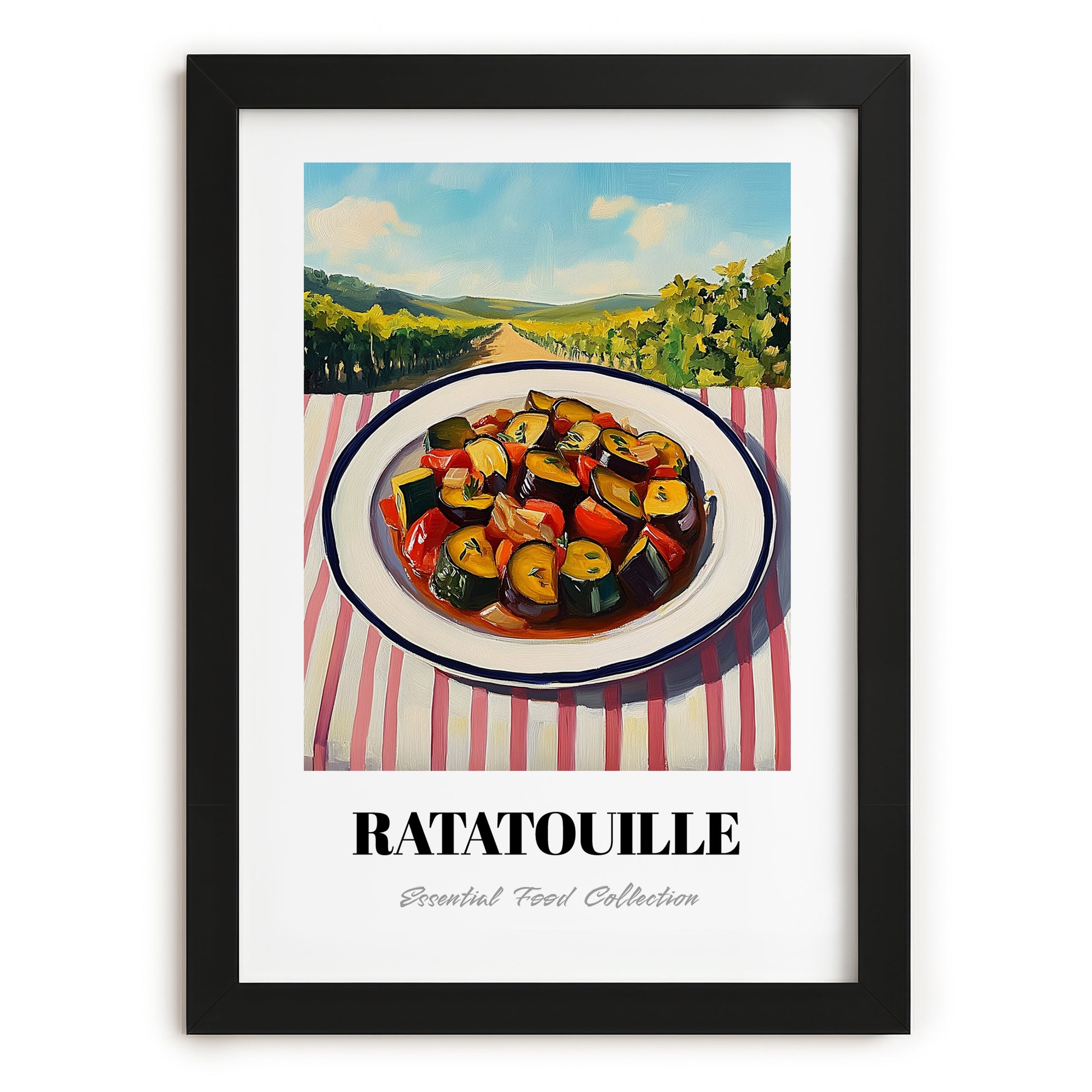 Ratatouille – Hilltop Table Scene, French Food Poster, in sleek black frame