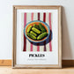 Pickles – on Striped Tablecloth, American Bbq Wall Art, in wooden frame leaning on the floor