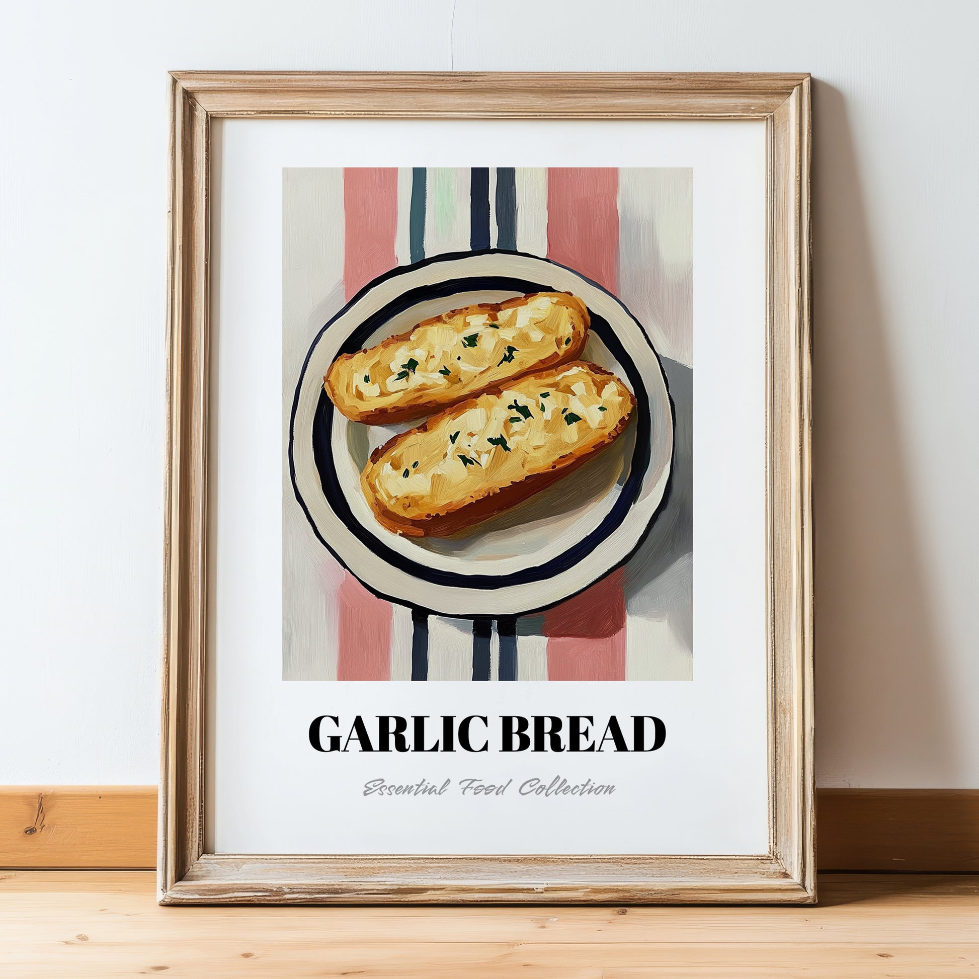 Garlic Bread – on Striped Tablecloth, Italian Food Wall Print, in wooden frame leaning on the floor