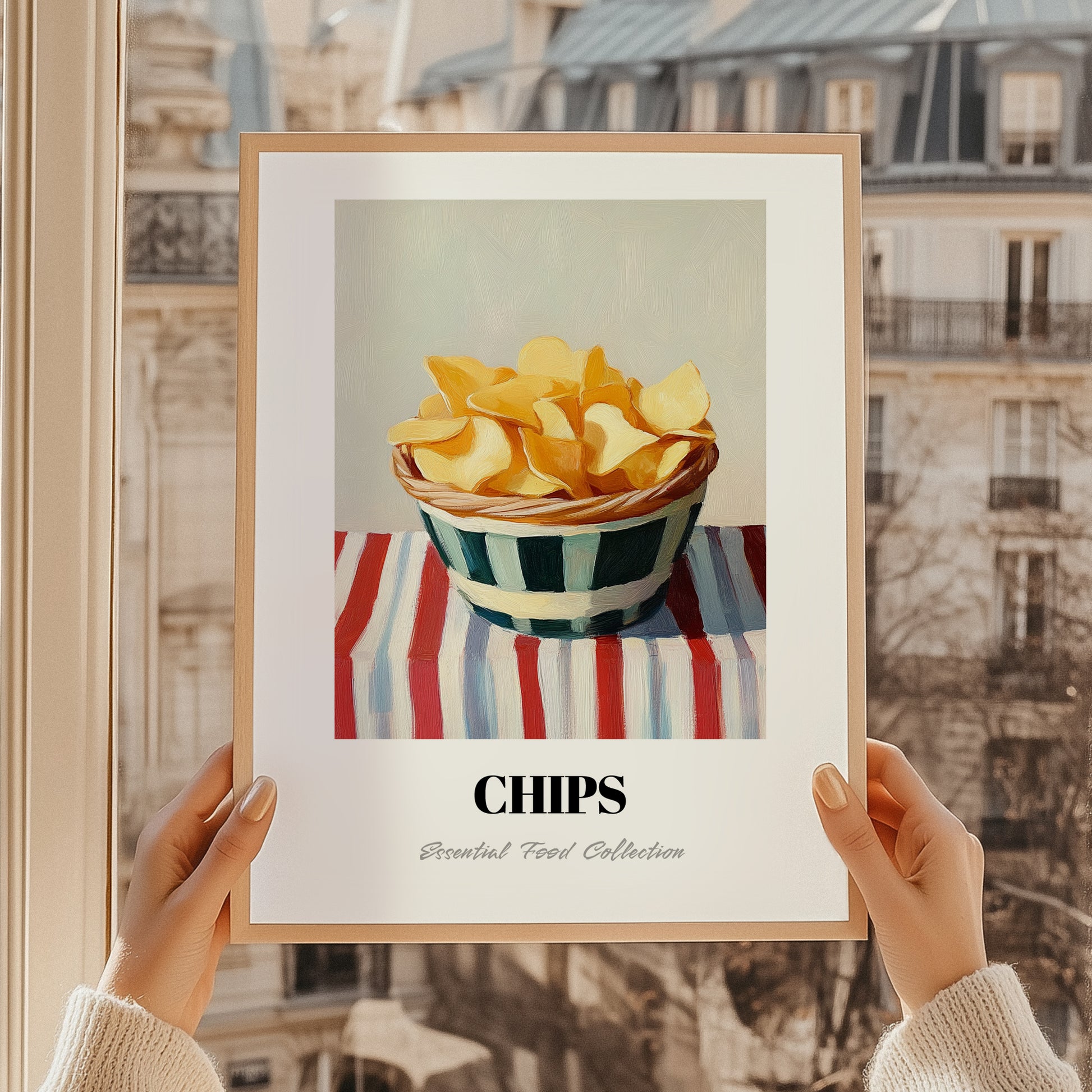 Chips – on Striped Tablecloth, American Food Print, styled in a charming Paris street view