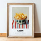 Chips – on Striped Tablecloth, American Food Print, in wooden frame leaning on the floor
