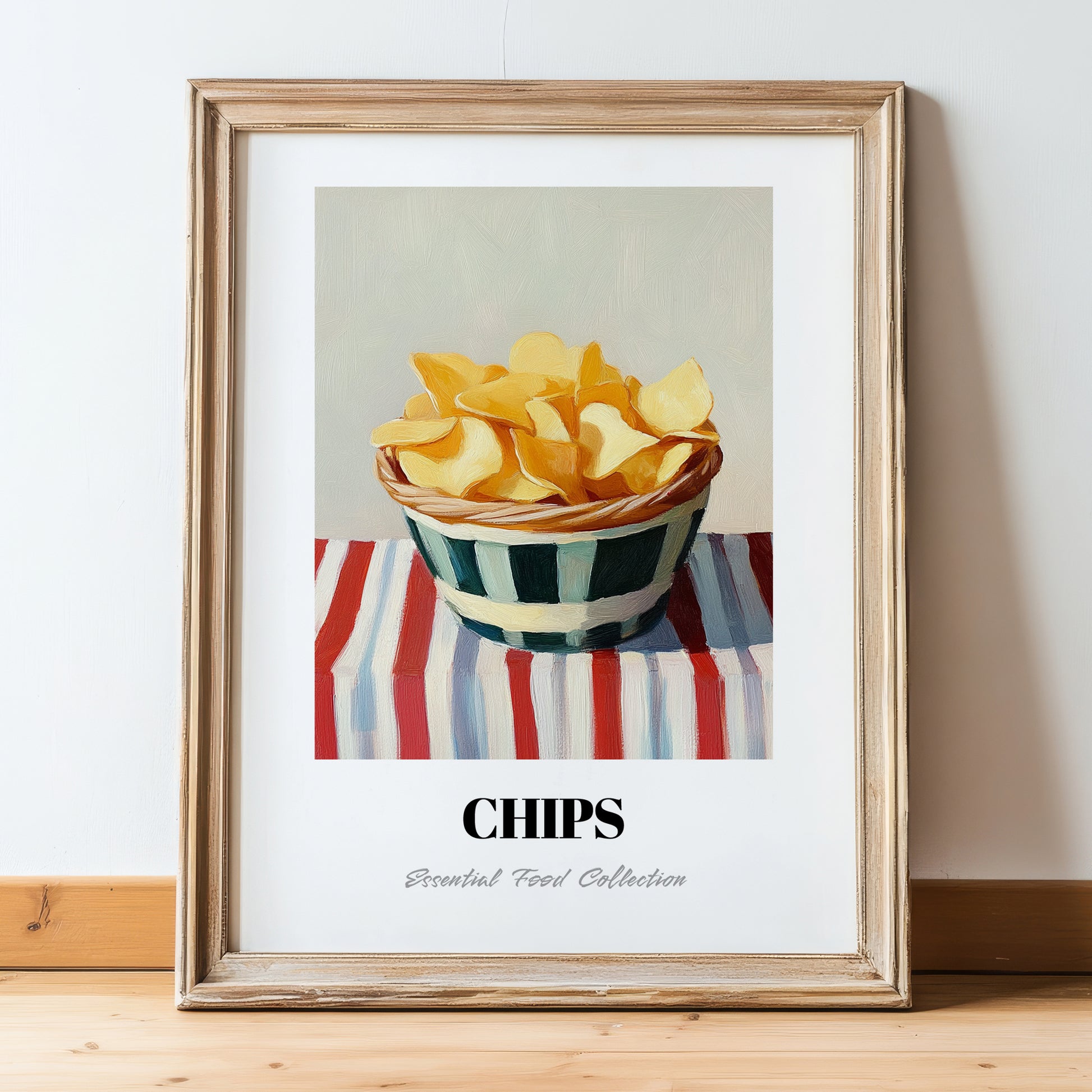 Chips – on Striped Tablecloth, American Food Print, in wooden frame leaning on the floor