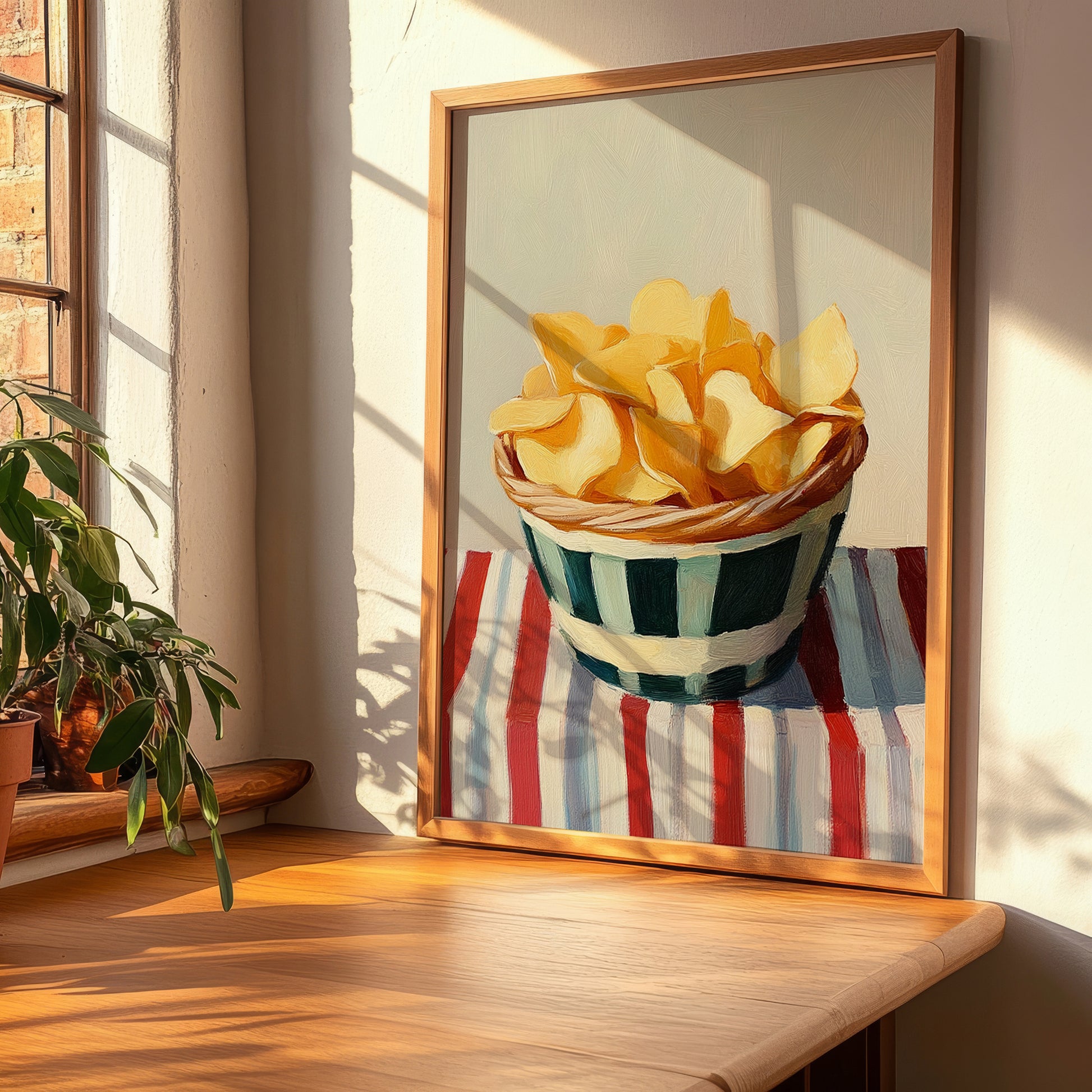 Chips – on Striped Tablecloth, American Food Print, clean layout with no caption