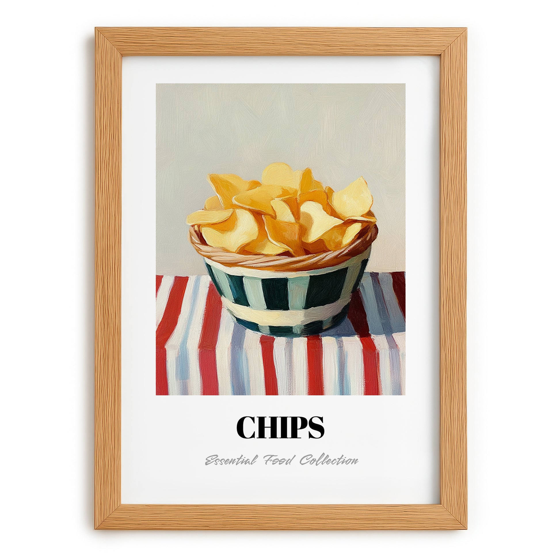 Chips – on Striped Tablecloth, American Food Print, set in oak frame