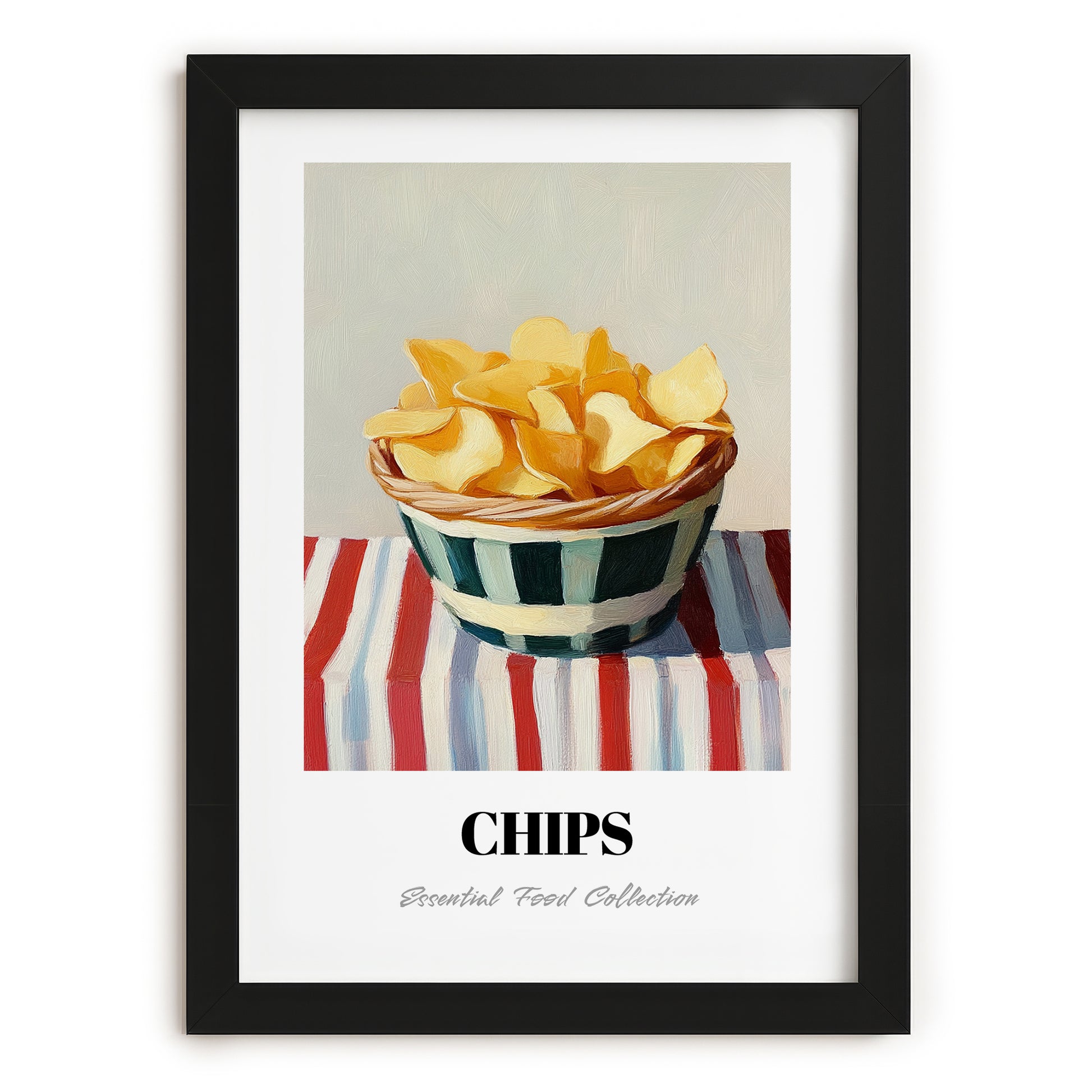 Chips – on Striped Tablecloth, American Food Print, in sleek black frame