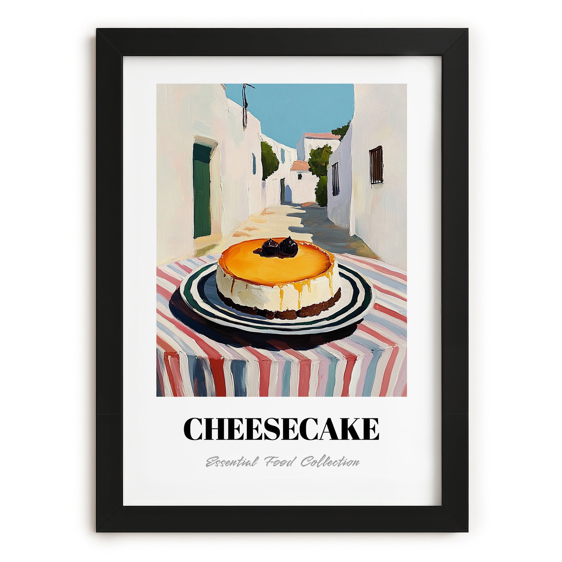 Cheesecake – White village Outdoor Café Scene, American Dessert Poster, in sleek black frame