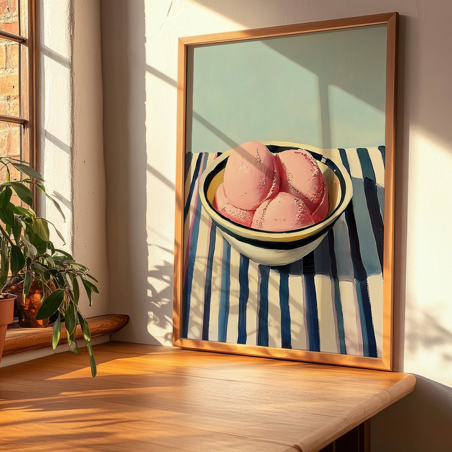 Sorbet – on Striped Tablecloth, French Ice Cream Painting, clean layout with no caption