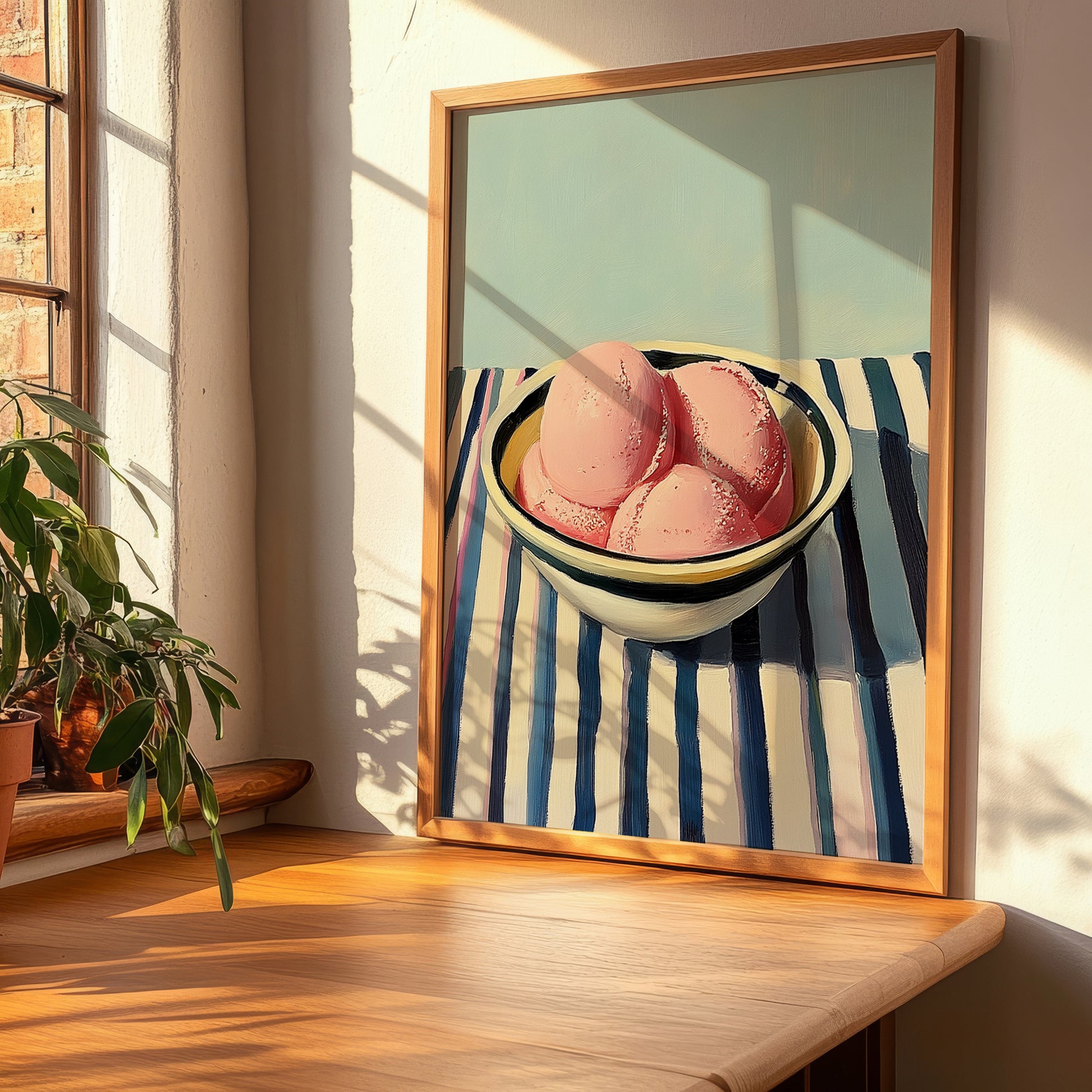 Sorbet – on Striped Tablecloth, French Ice Cream Painting, clean layout with no caption