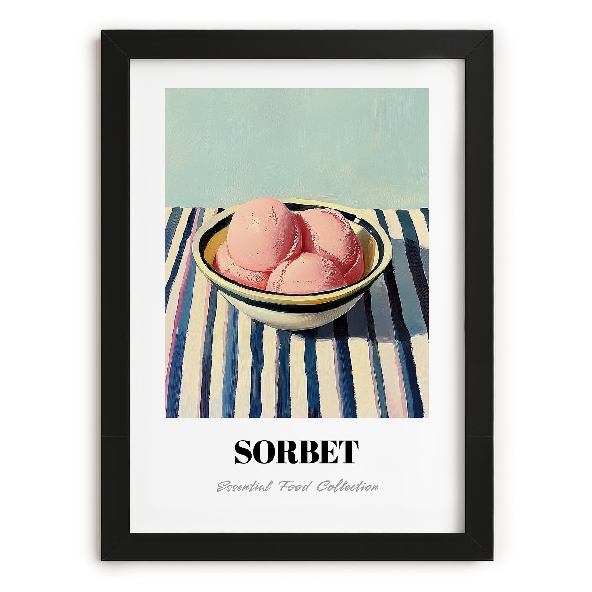 Sorbet – on Striped Tablecloth, French Ice Cream Painting, in sleek black frame