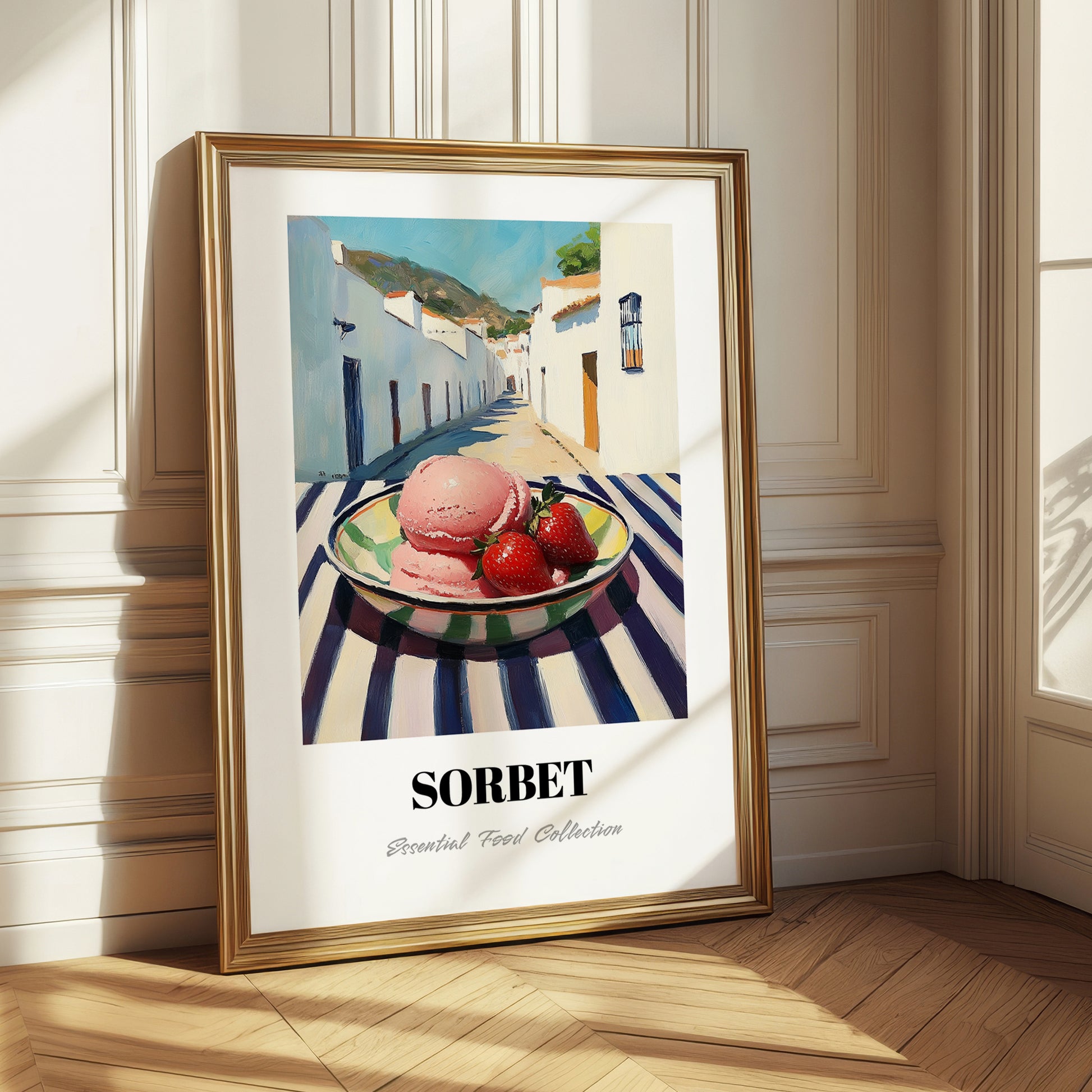Sorbet – White village Urban Café Scene, French Ice Cream Illustration 