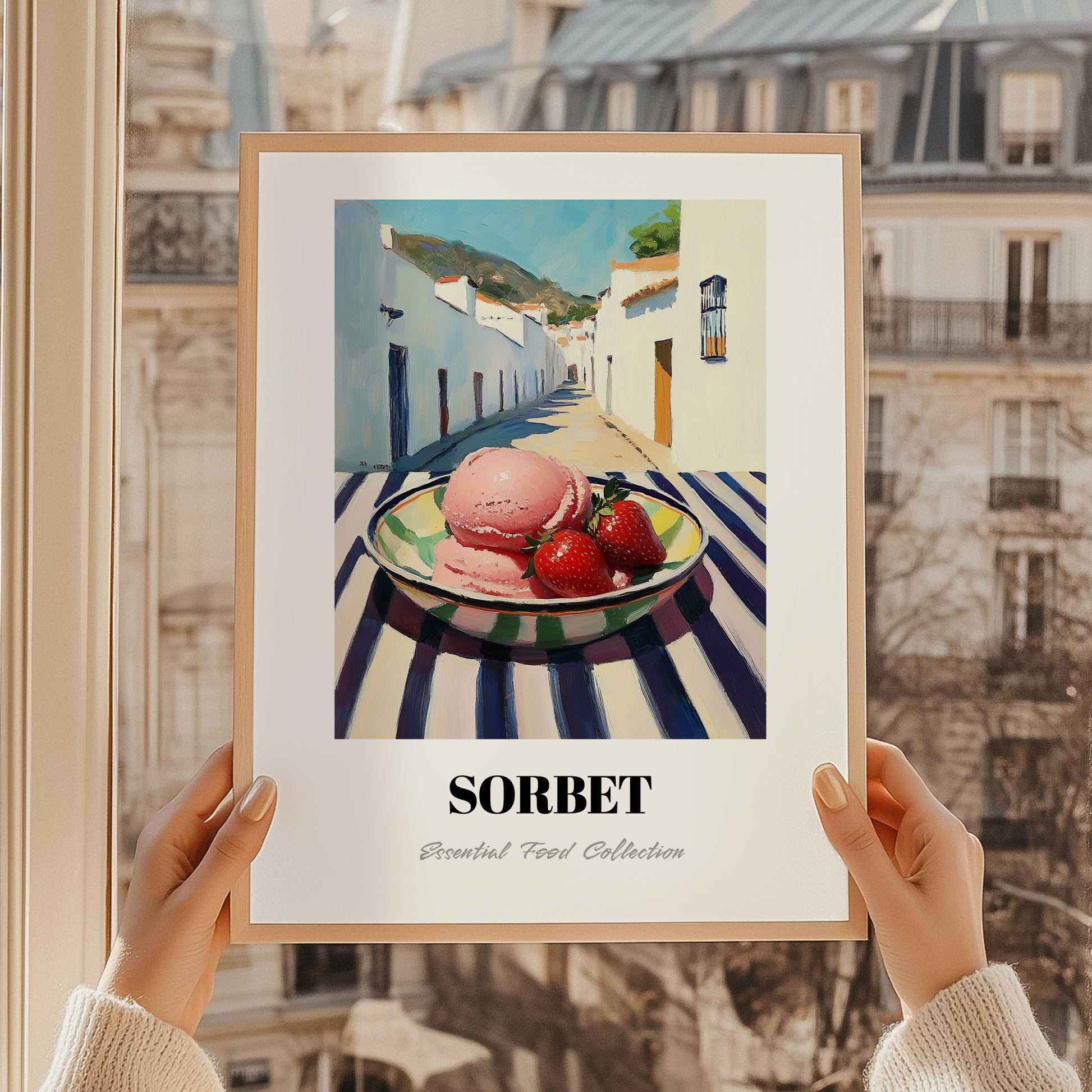 Sorbet – White village Urban Café Scene, French Ice Cream Illustration, styled in a charming Paris street view