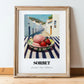 Sorbet – White village Urban Café Scene, French Ice Cream Illustration, in wooden frame leaning on the floor