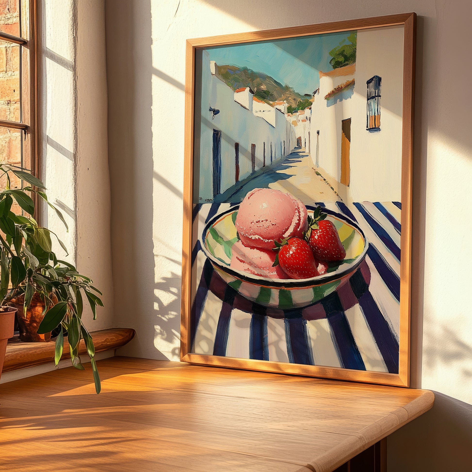 Sorbet – White village Urban Café Scene, French Ice Cream Illustration, clean layout with no caption