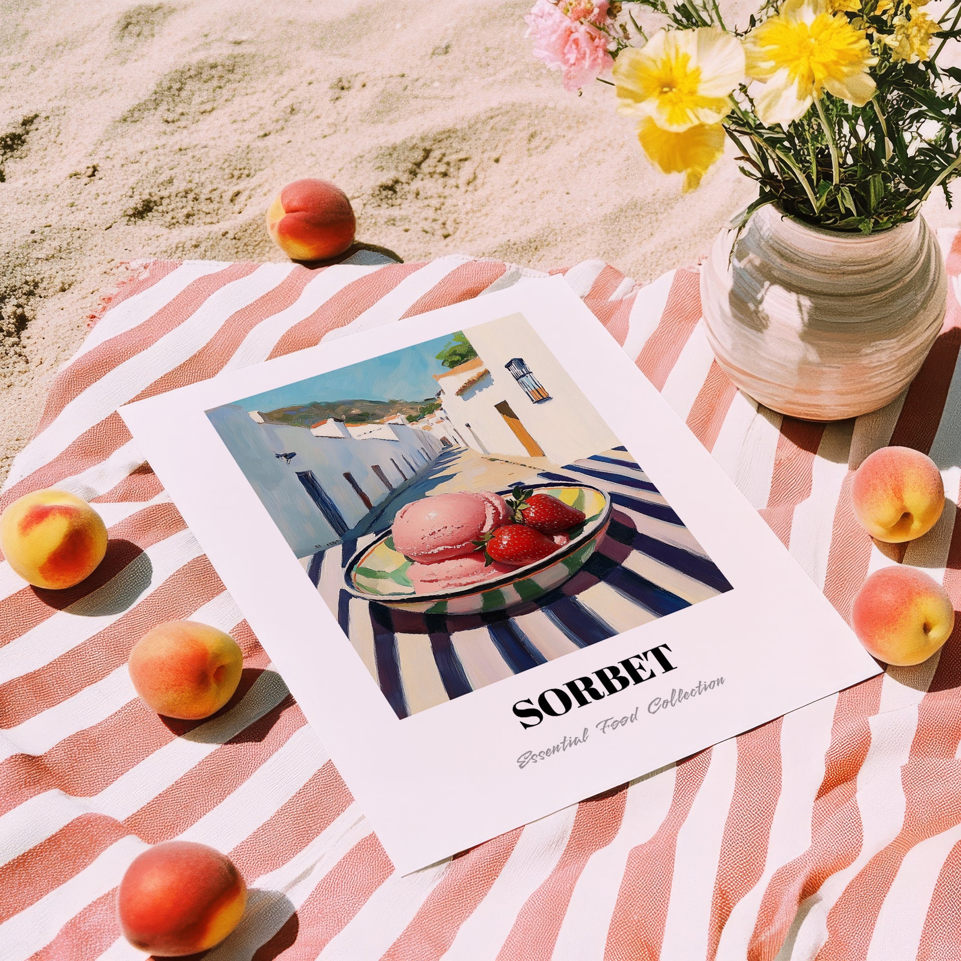 Sorbet – White village Urban Café Scene, French Ice Cream Illustration, unframed on coastal sand