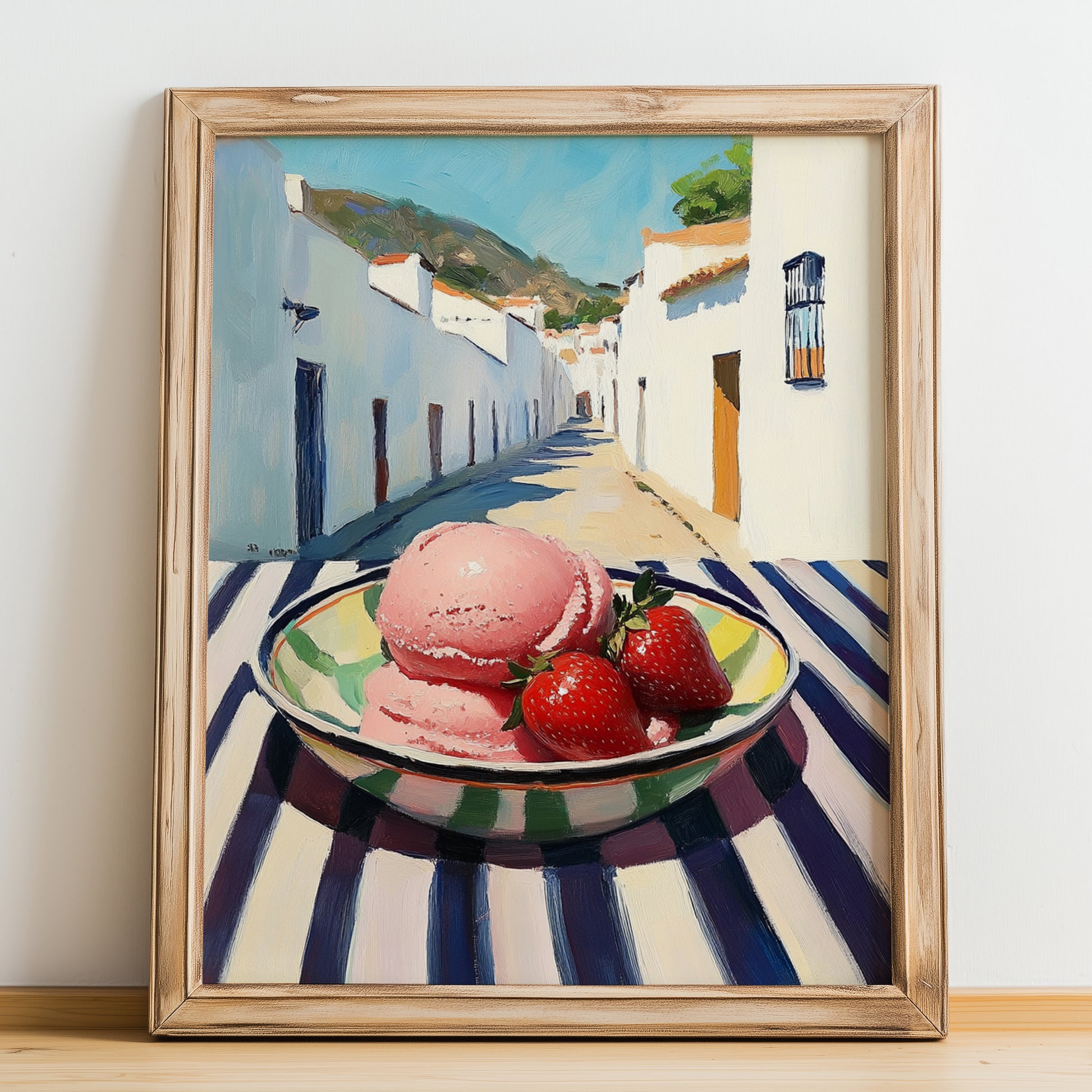 Sorbet – White village Urban Café Scene, French Ice Cream Illustration, no-text version framed in wood