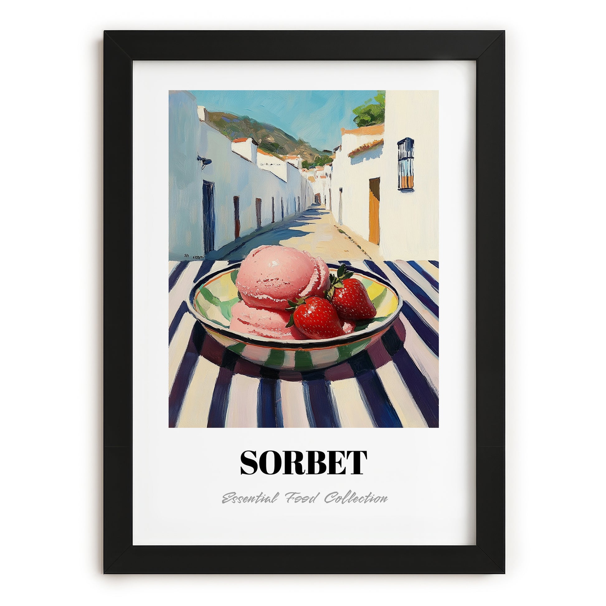 Sorbet – White village Urban Café Scene, French Ice Cream Illustration, in sleek black frame