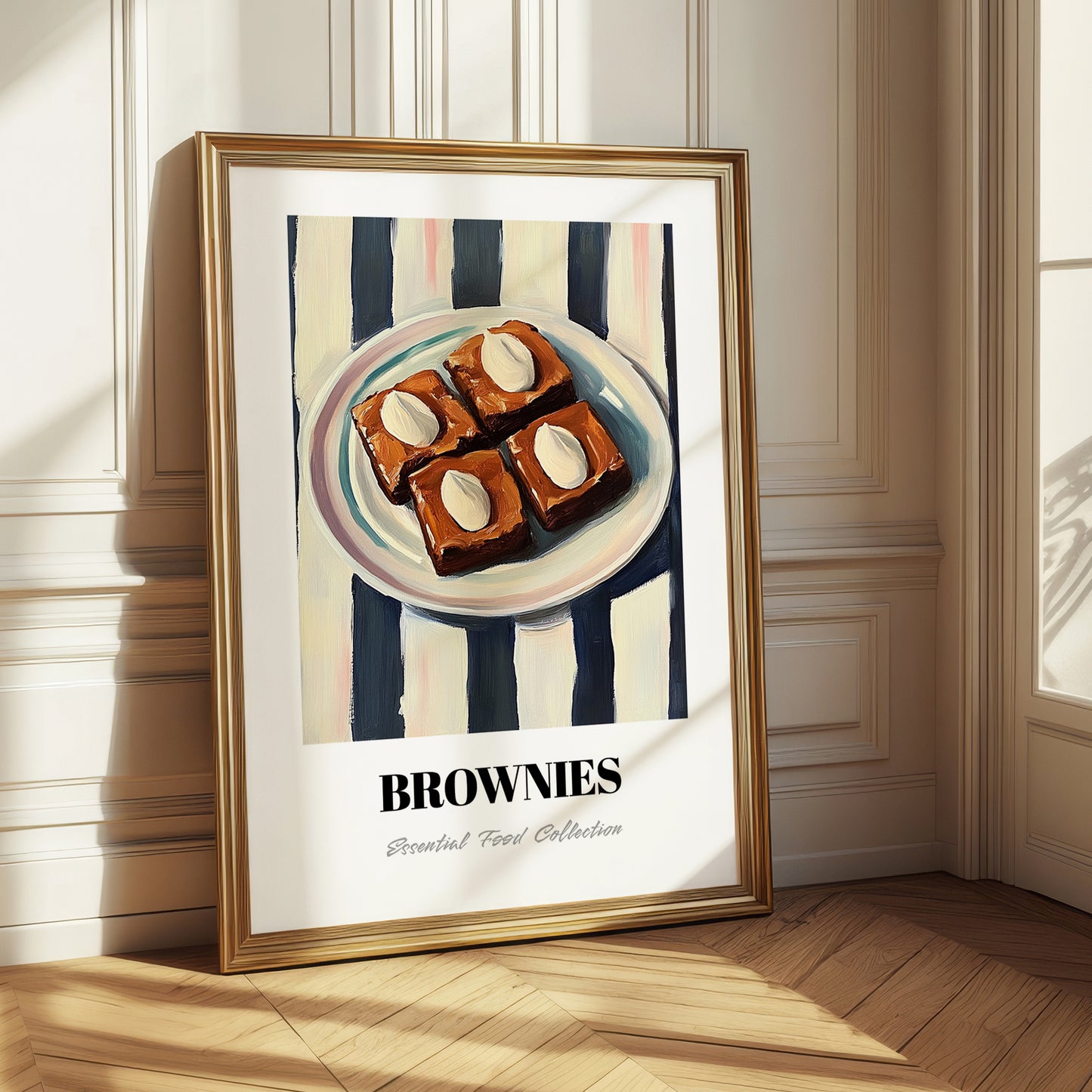 Brownies – on Striped Tablecloth, American Dessert Illustration 
