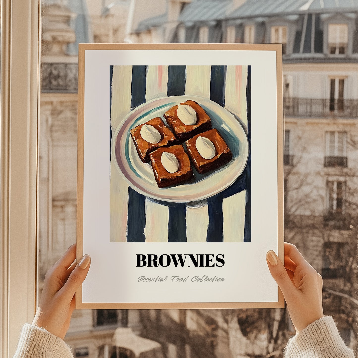 Brownies – on Striped Tablecloth, American Dessert Illustration, styled in a charming Paris street view