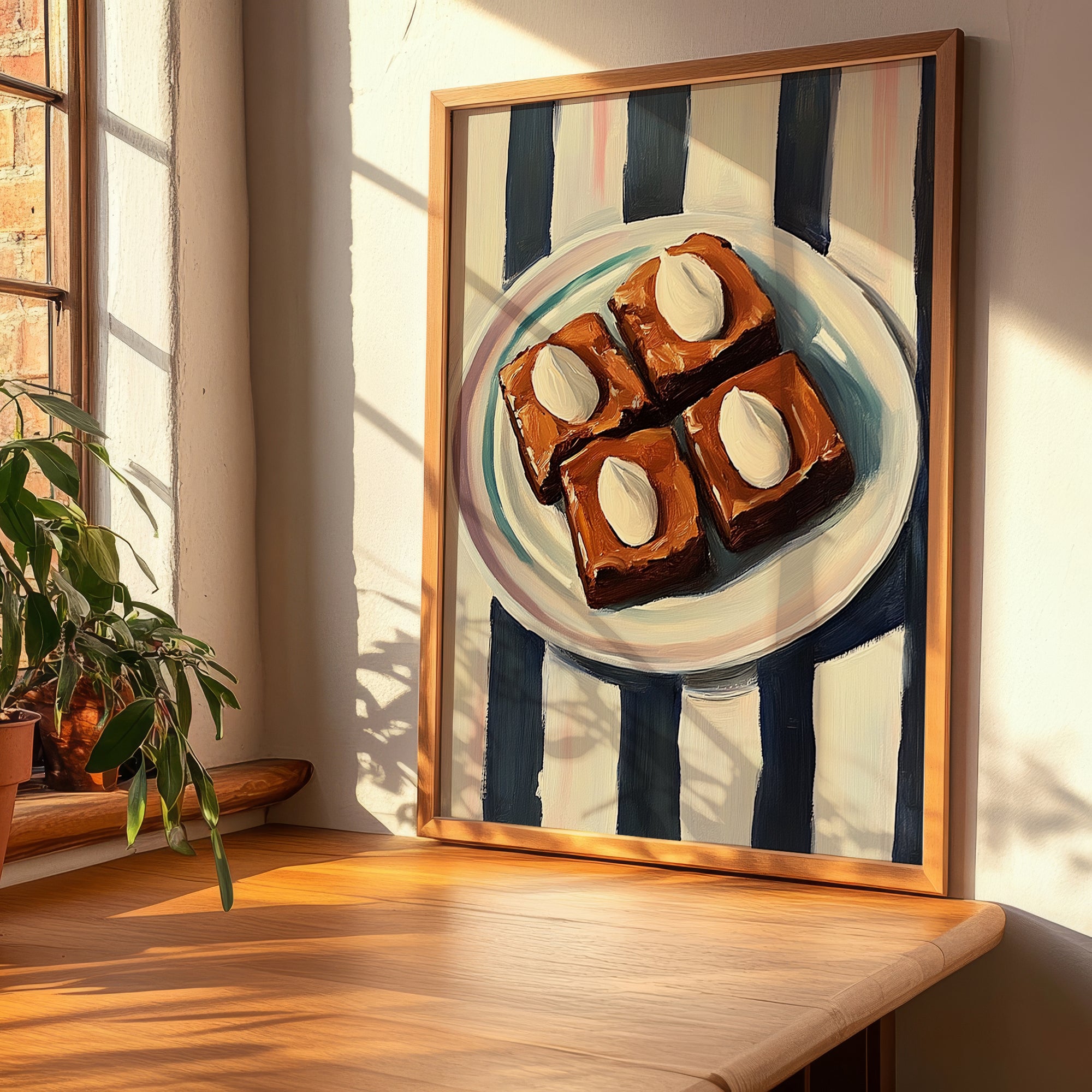 Brownies – on Striped Tablecloth, American Dessert Illustration, clean layout with no caption