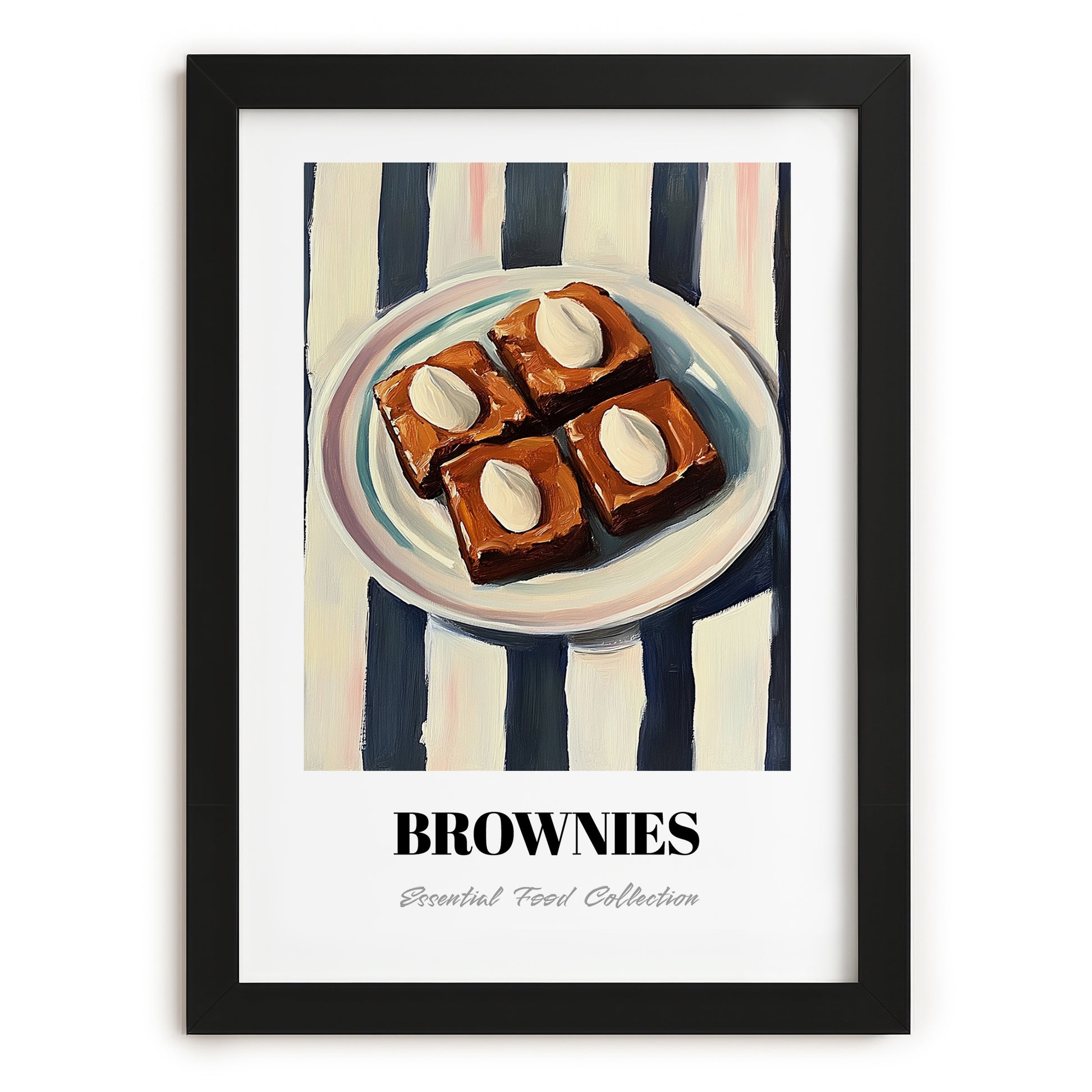 Brownies – on Striped Tablecloth, American Dessert Illustration, in sleek black frame