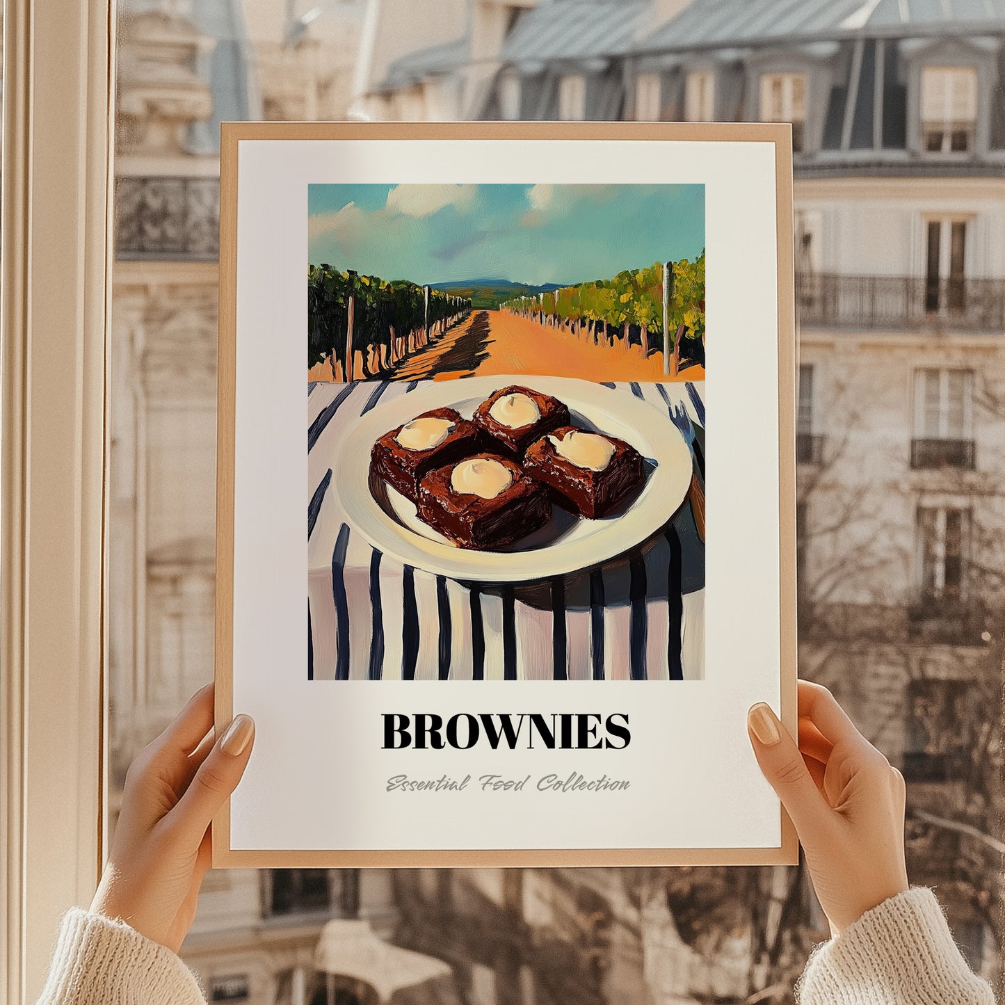 Brownies – Hilltop Café Scene, American Dessert Poster, styled in a charming Paris street view