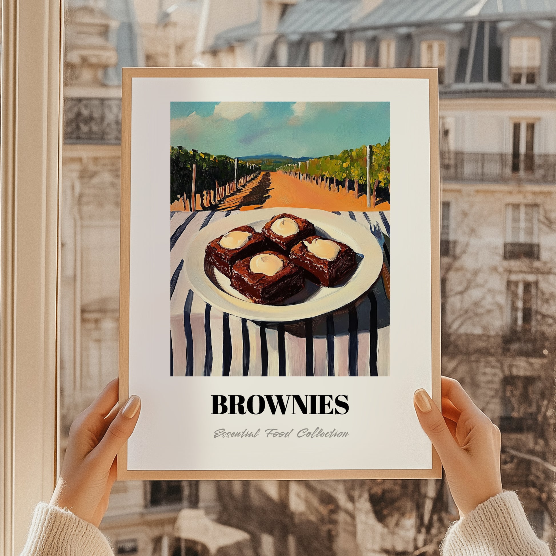 Brownies – Hilltop Café Scene, American Dessert Poster, styled in a charming Paris street view