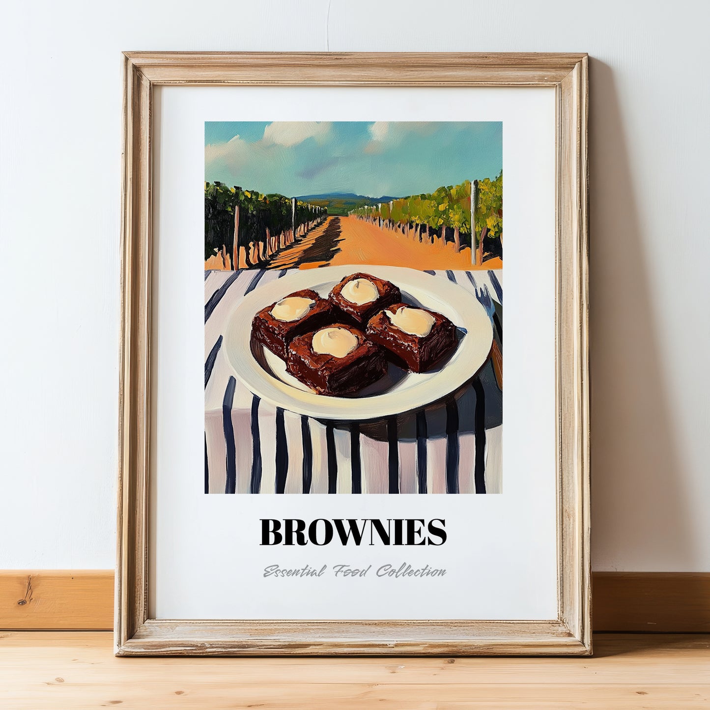 Brownies – Hilltop Café Scene, American Dessert Poster, in wooden frame leaning on the floor