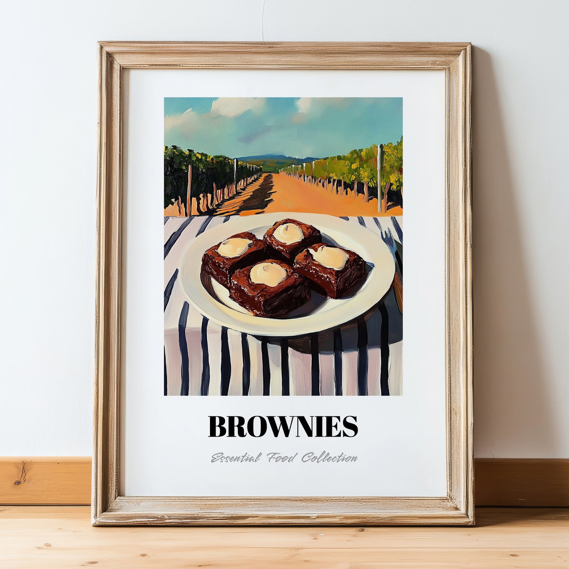 Brownies – Hilltop Café Scene, American Dessert Poster, in wooden frame leaning on the floor