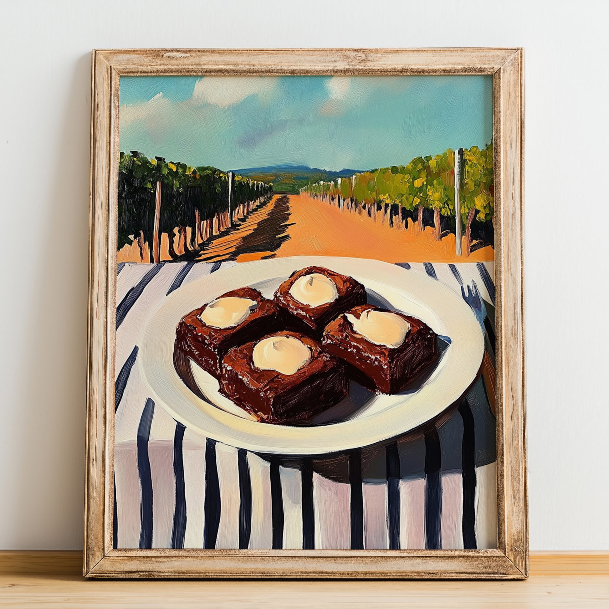 Brownies – Hilltop Café Scene, American Dessert Poster, no-text version framed in wood