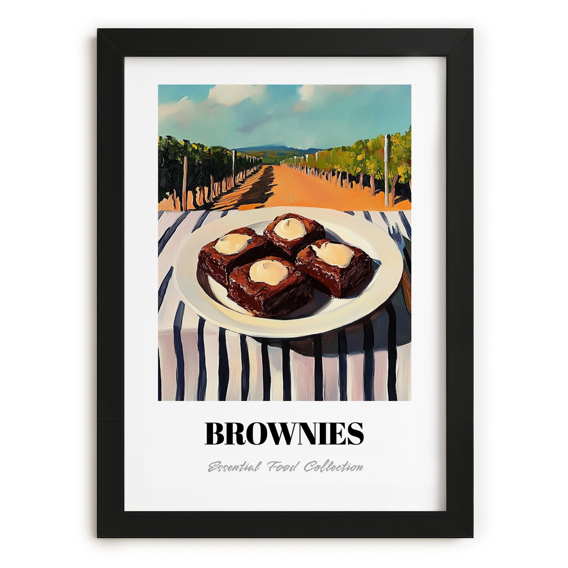 Brownies – Hilltop Café Scene, American Dessert Poster, in sleek black frame