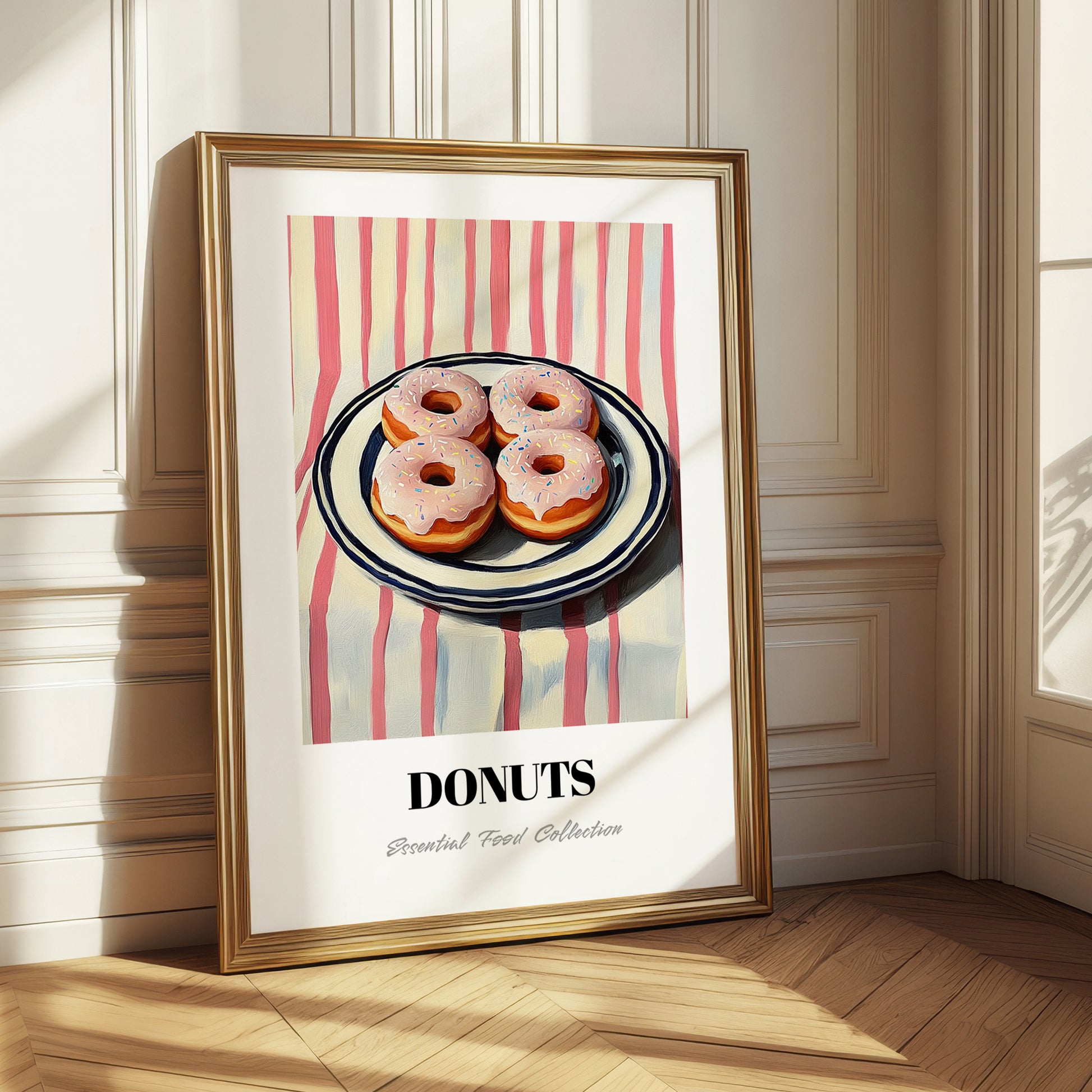 Donuts – on Striped Tablecloth, American Pastry Illustration 