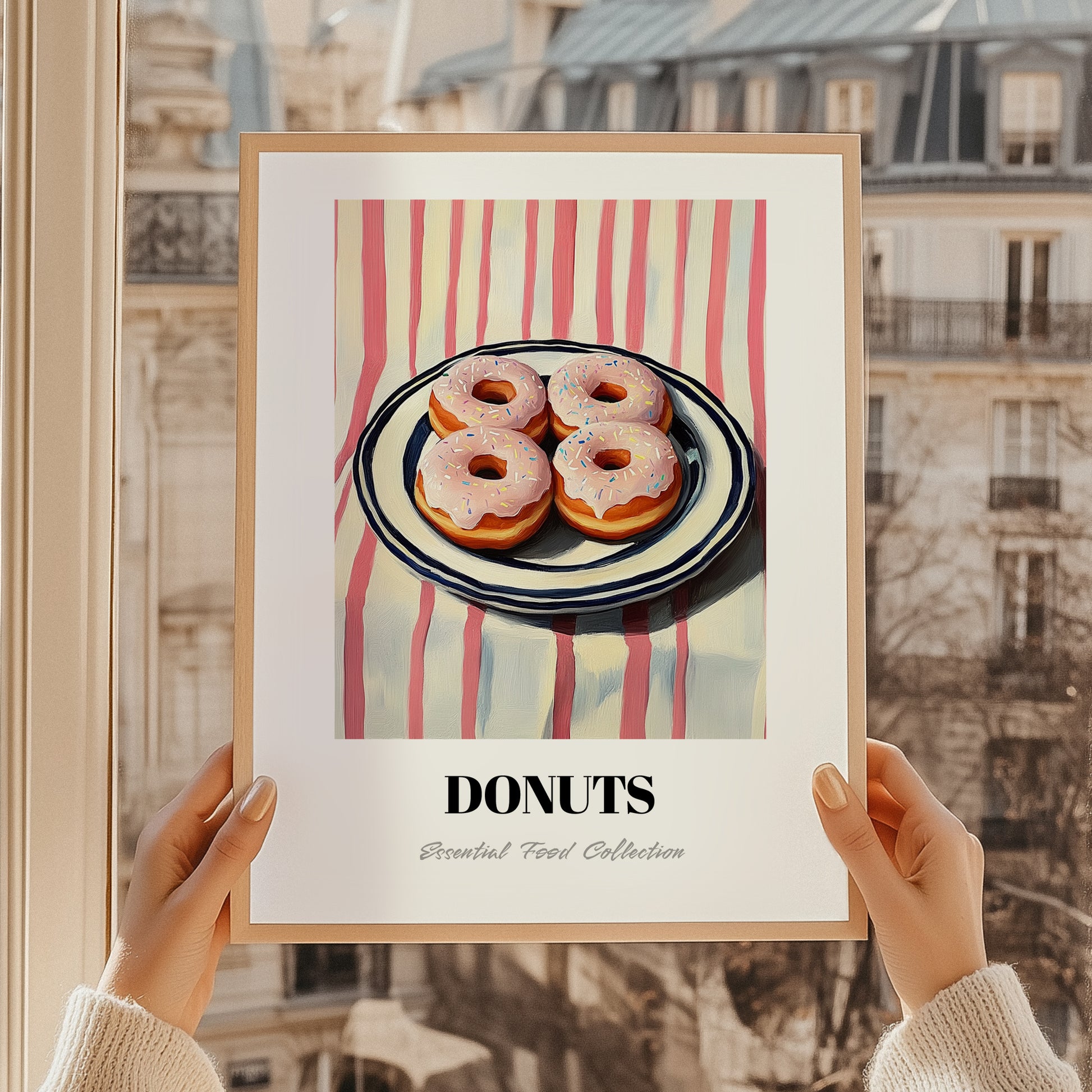 Donuts – on Striped Tablecloth, American Pastry Illustration, styled in a charming Paris street view