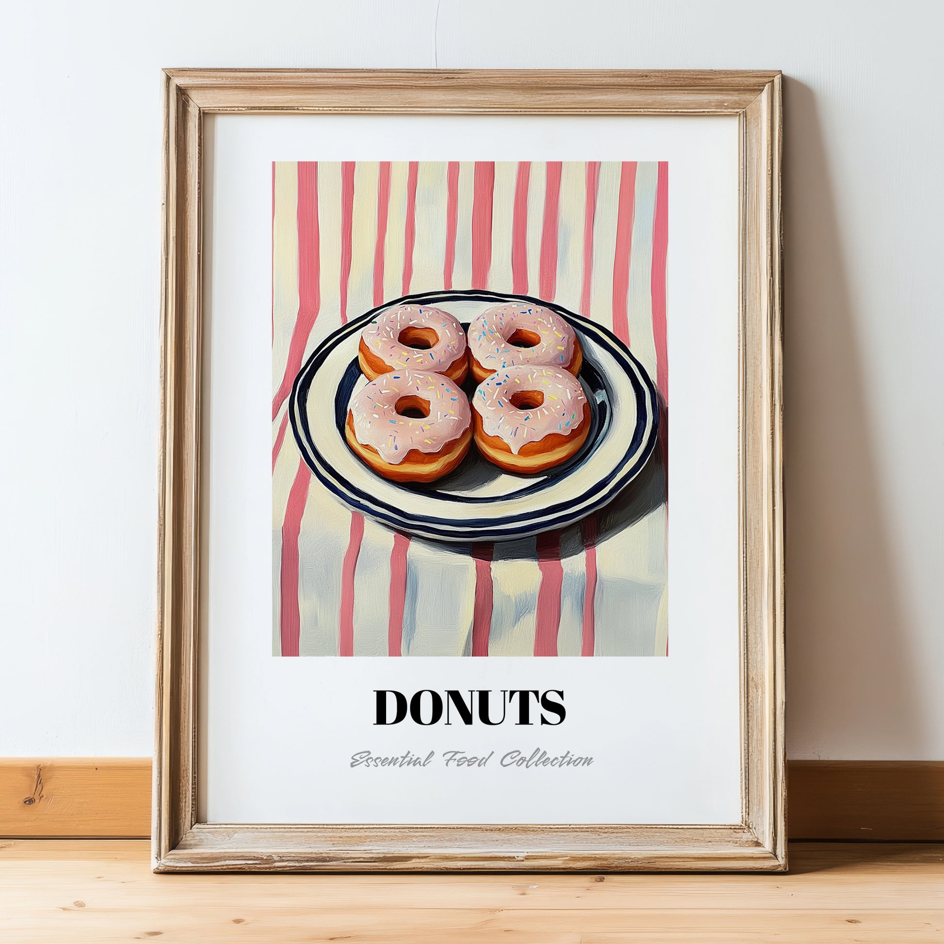 Donuts – on Striped Tablecloth, American Pastry Illustration, in wooden frame leaning on the floor